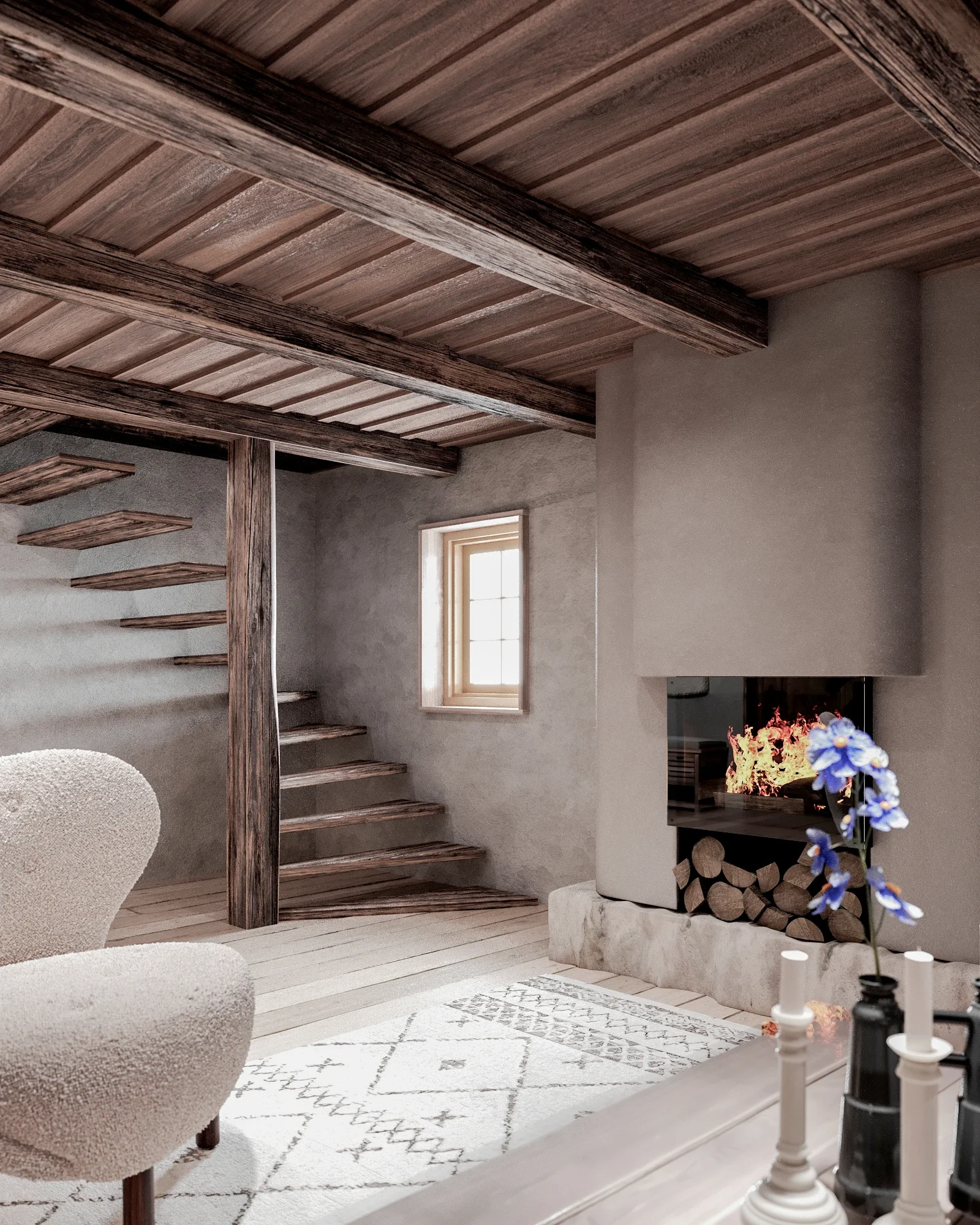 Design interior Cluj - Living open space într-o casă maramureșeană restaurată, cu detalii tradiționale și atmosferă caldă