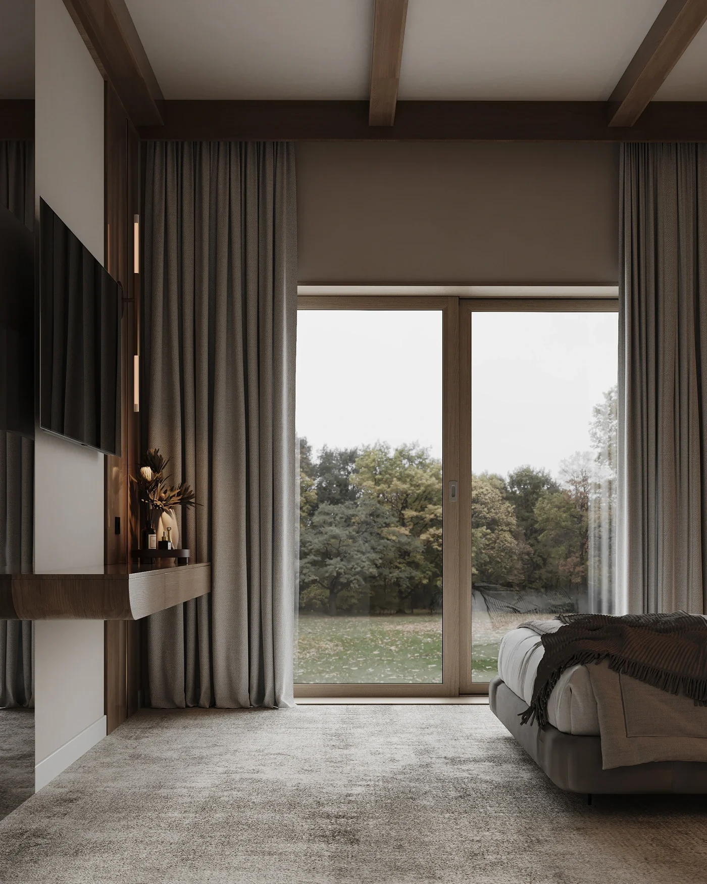 Design interior premium pentru dormitor matrimonial cu lumină caldă și detalii elegante.
