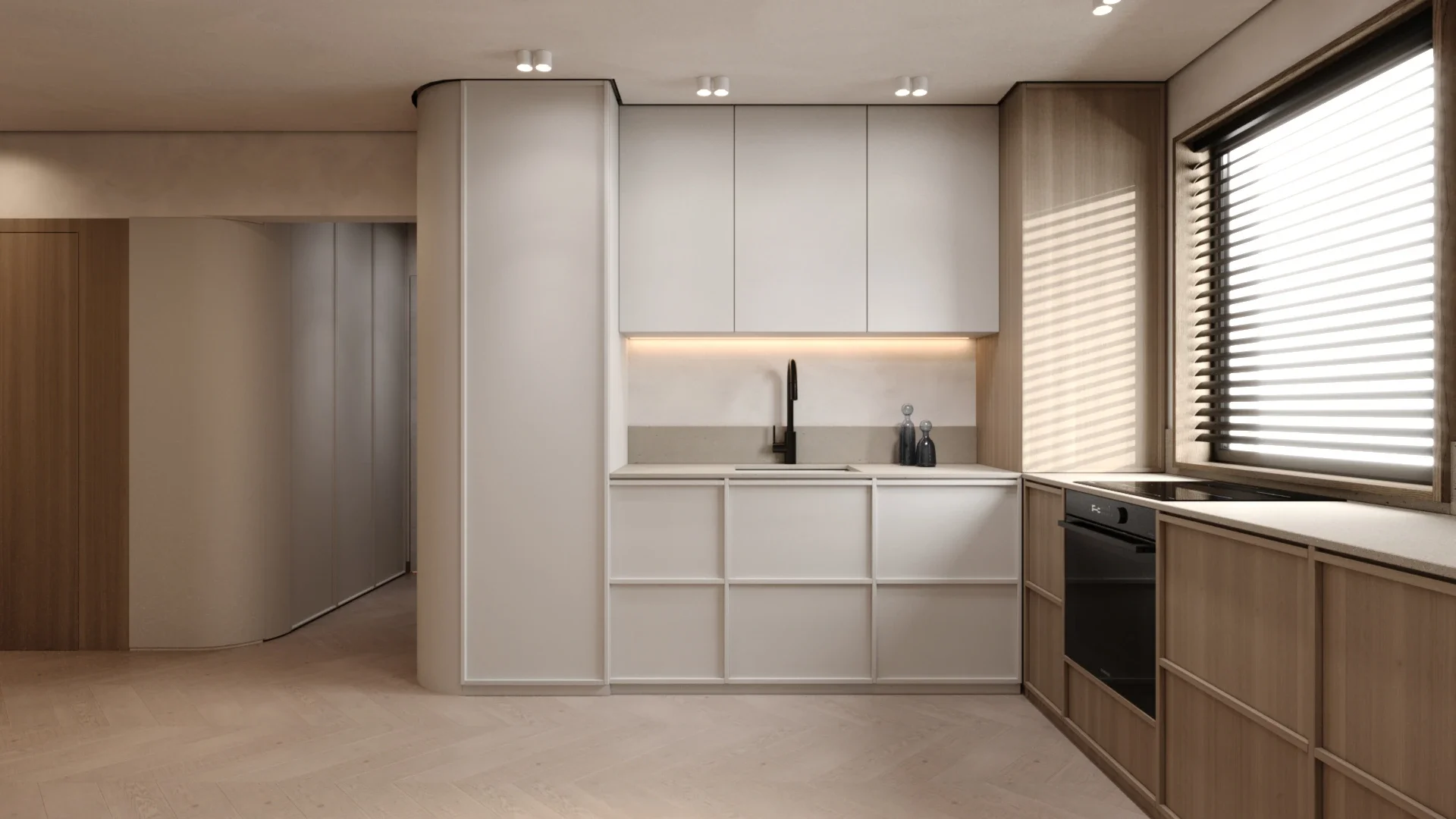 Design interior Cluj - Bucatarie minialista cu tonuri deschise si materiale de calitate. Proiect design interior Apartament R.O.