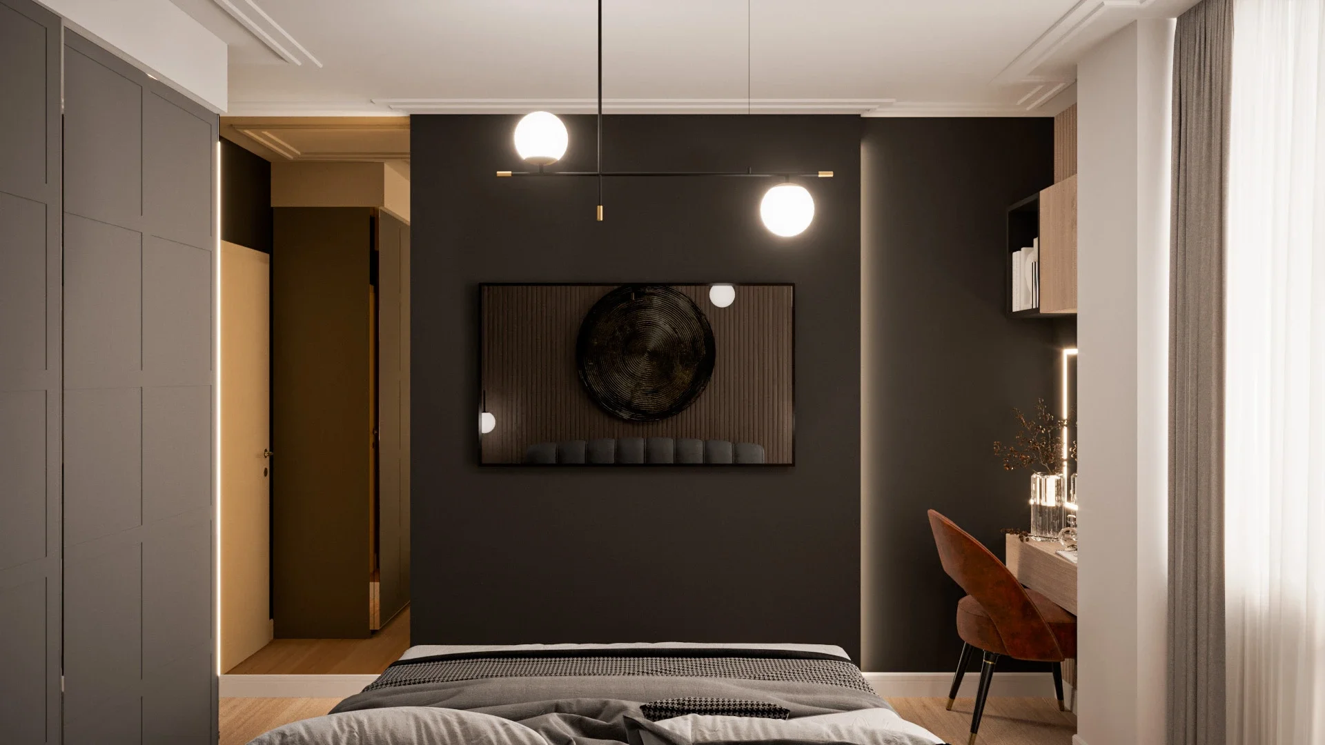 Design interior dormitor modern cu texturi naturale și iluminat ambiental