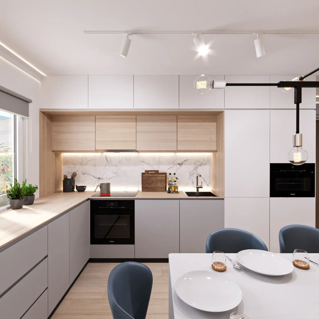 Design interior bucătărie modernă cu iluminat integrat și finisaje elegante
