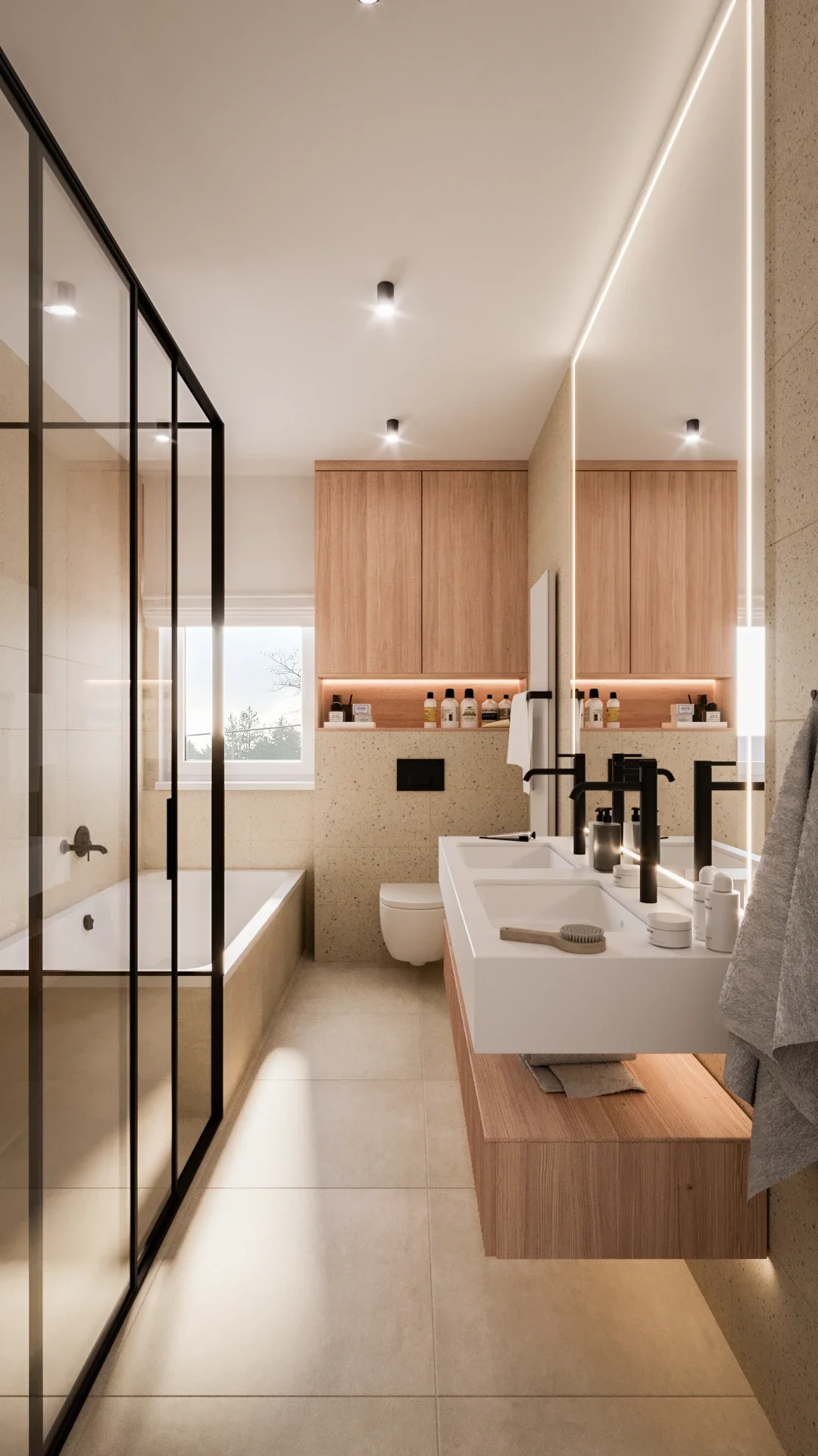 Baie contemporană cu finisaje naturale și mobilier minimalist în Vila U Utrecht