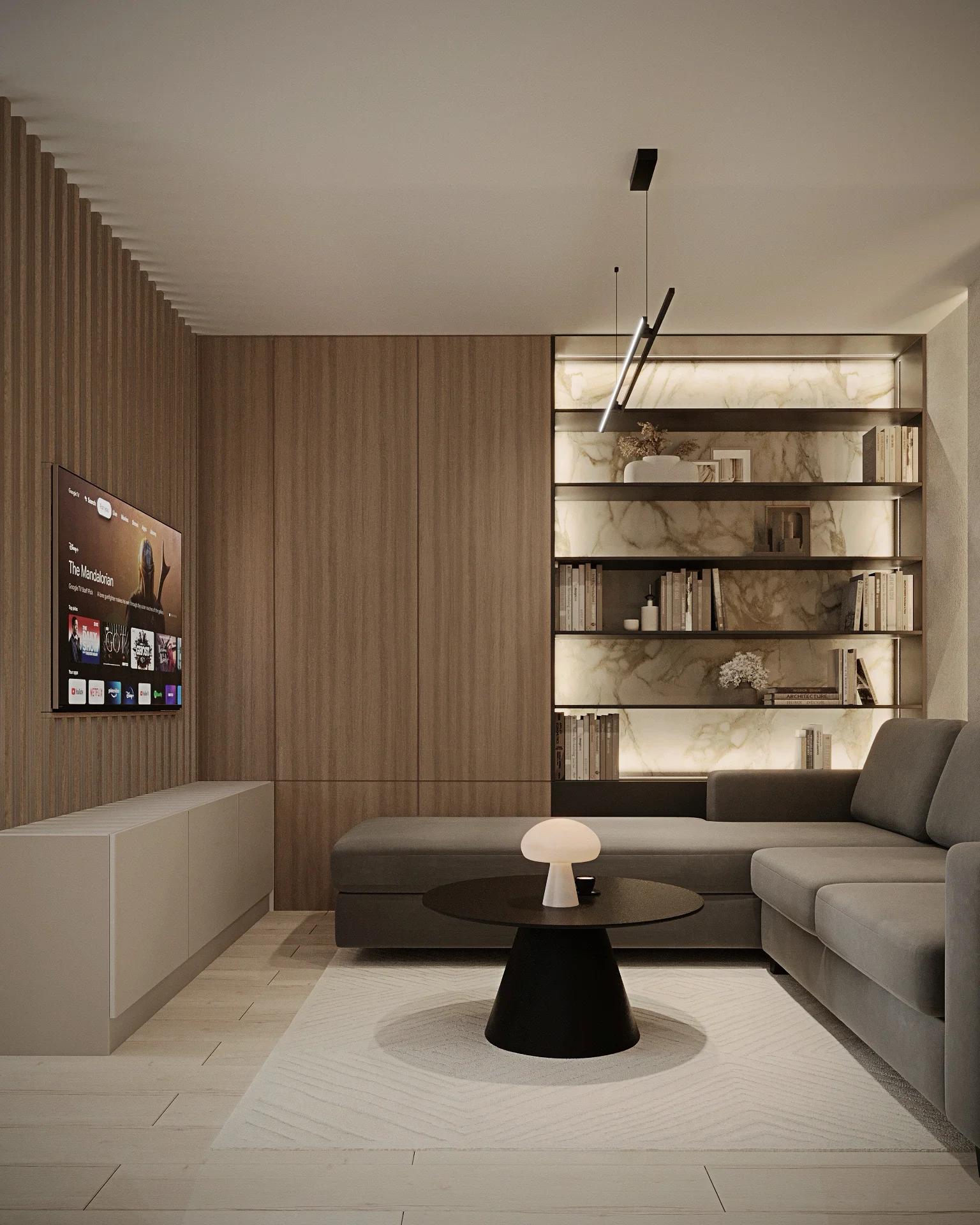 Living modern cu canapea și rafturi integrate din lemn — Apartament R. by ALTO Design