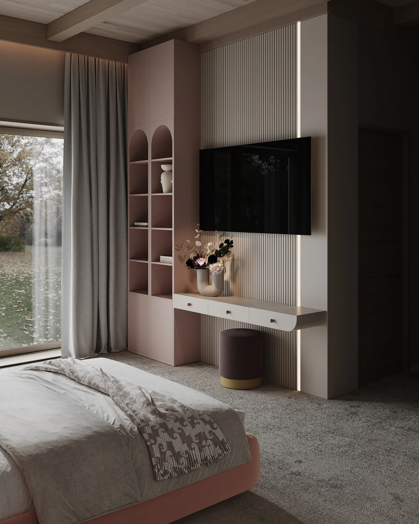 Design interior luxury pentru cameră copil cu detalii feminine și iluminare ambientală.
