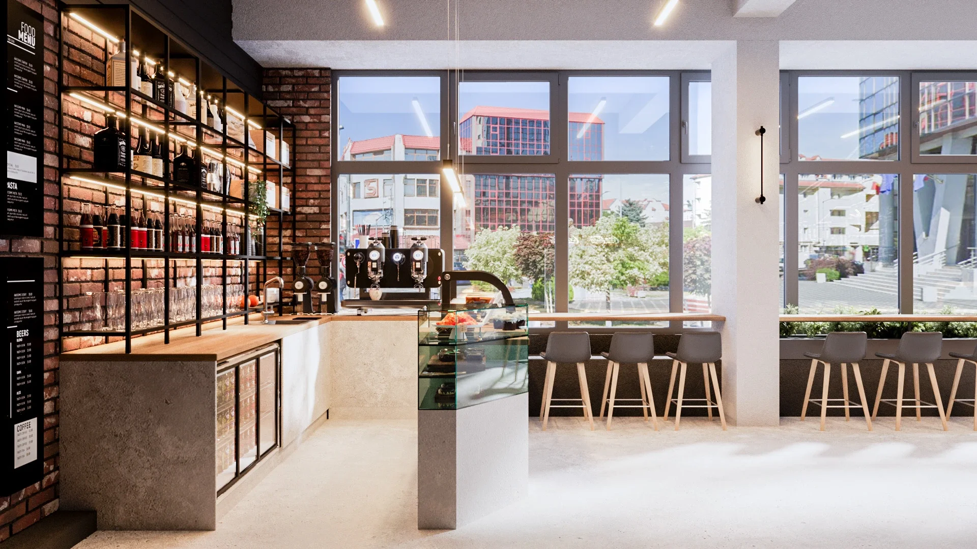 Design interior Cluj pentru bistro modern cu texturi brute și mobilier minimalist