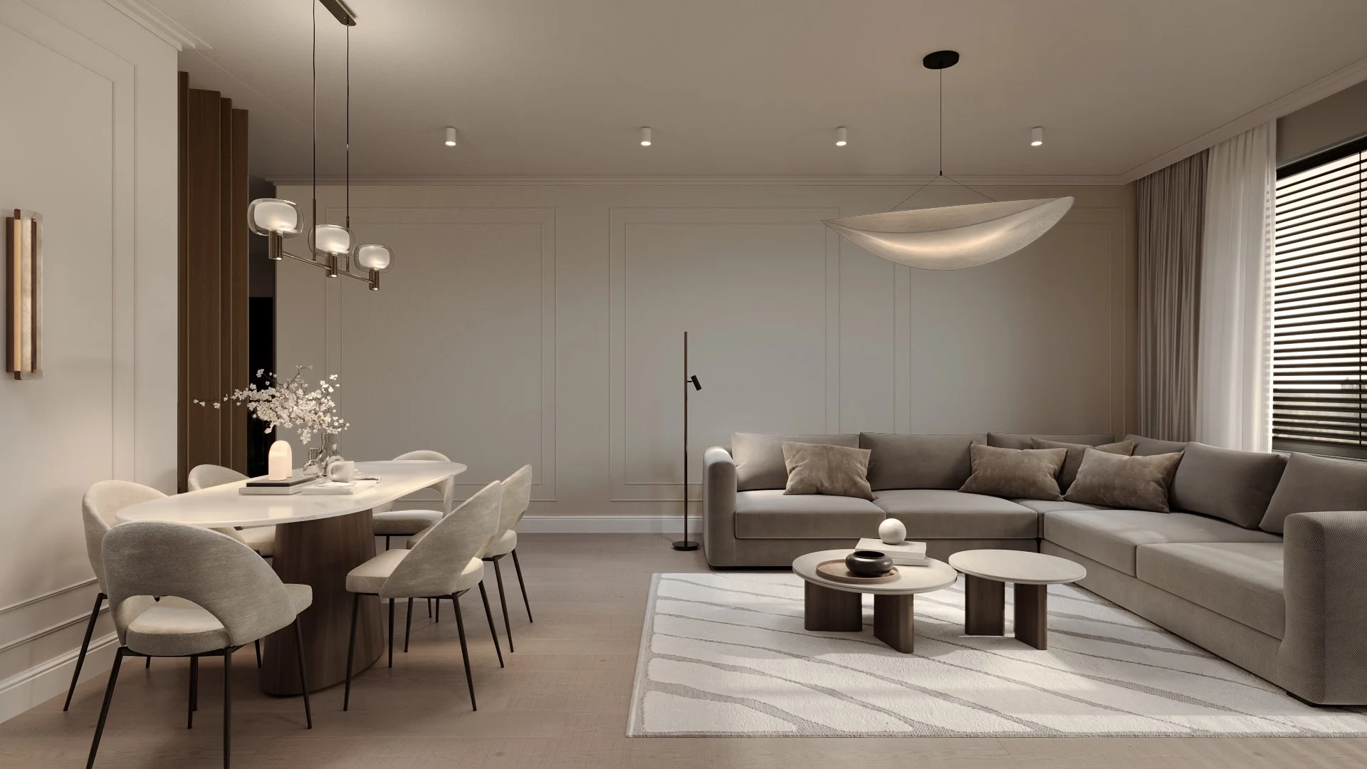 Living casă contemporană vedere spre dining cu covor și masă rotundă — Dej, ALTO Design