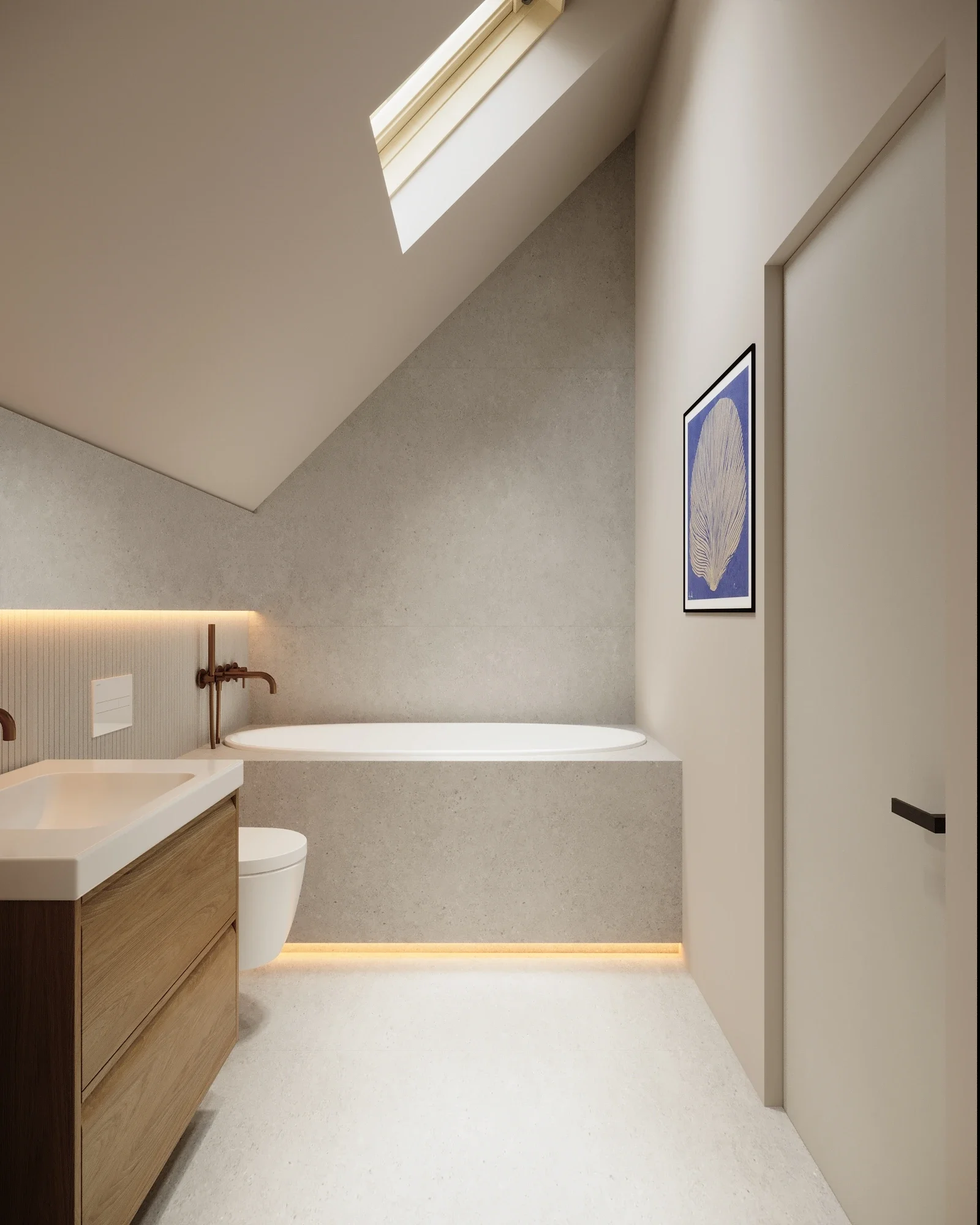 Design interior pentru baie contemporană cu proporții echilibrate și materiale autentice