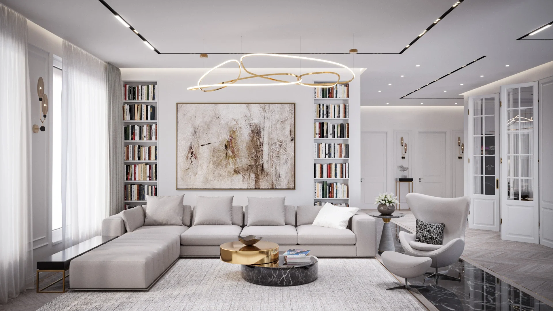 Living elegant pentru casă premium cu mobilier contemporan și influențe clasice