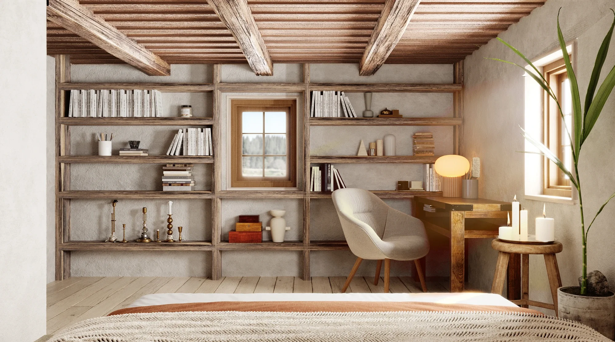 Design interior dormitor rustic autentic cu platformă din lemn și atmosferă tradițională reinterpretată