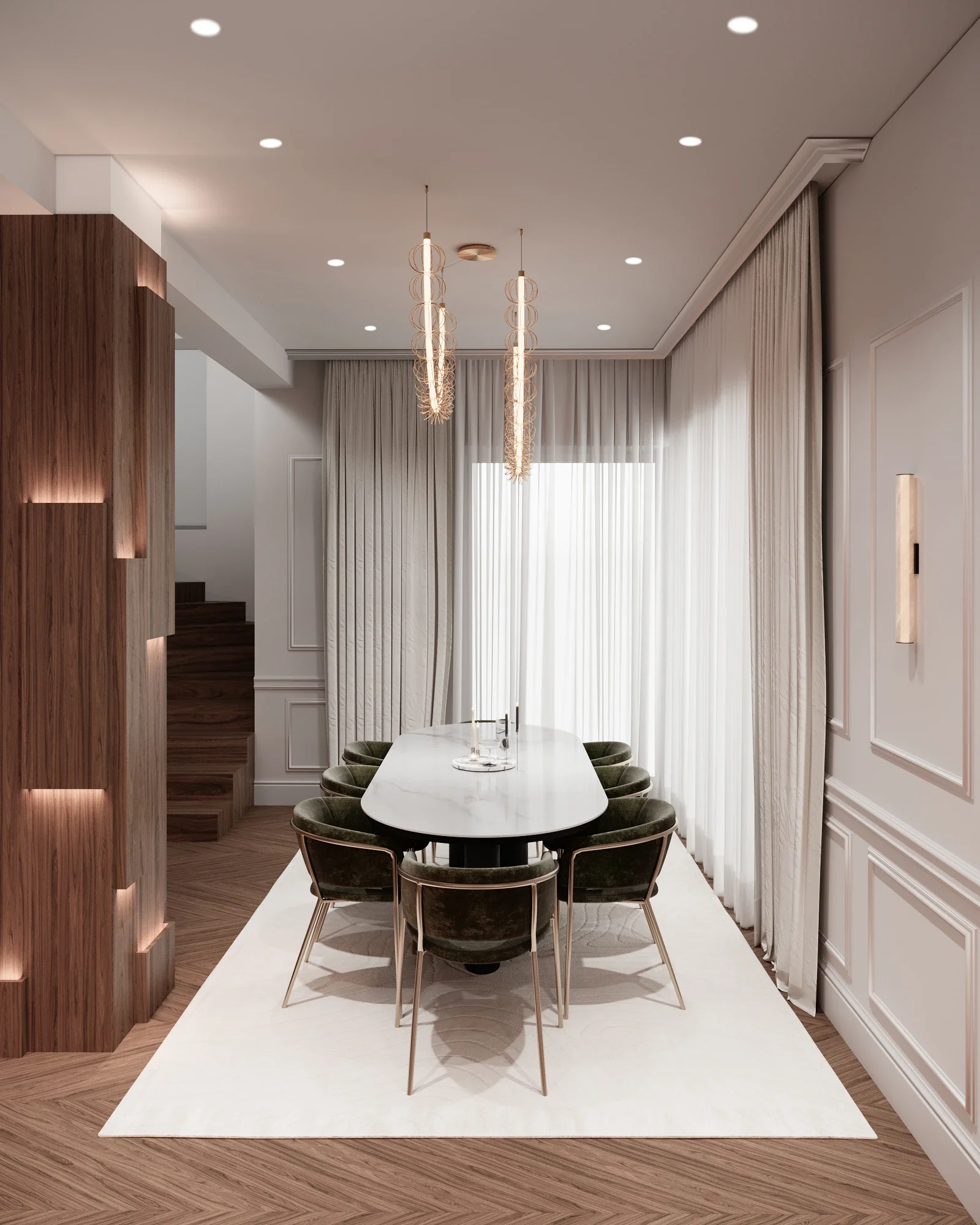 Dining elegant cu scaune textile și finisaje premium într-o casă contemporană din Cluj