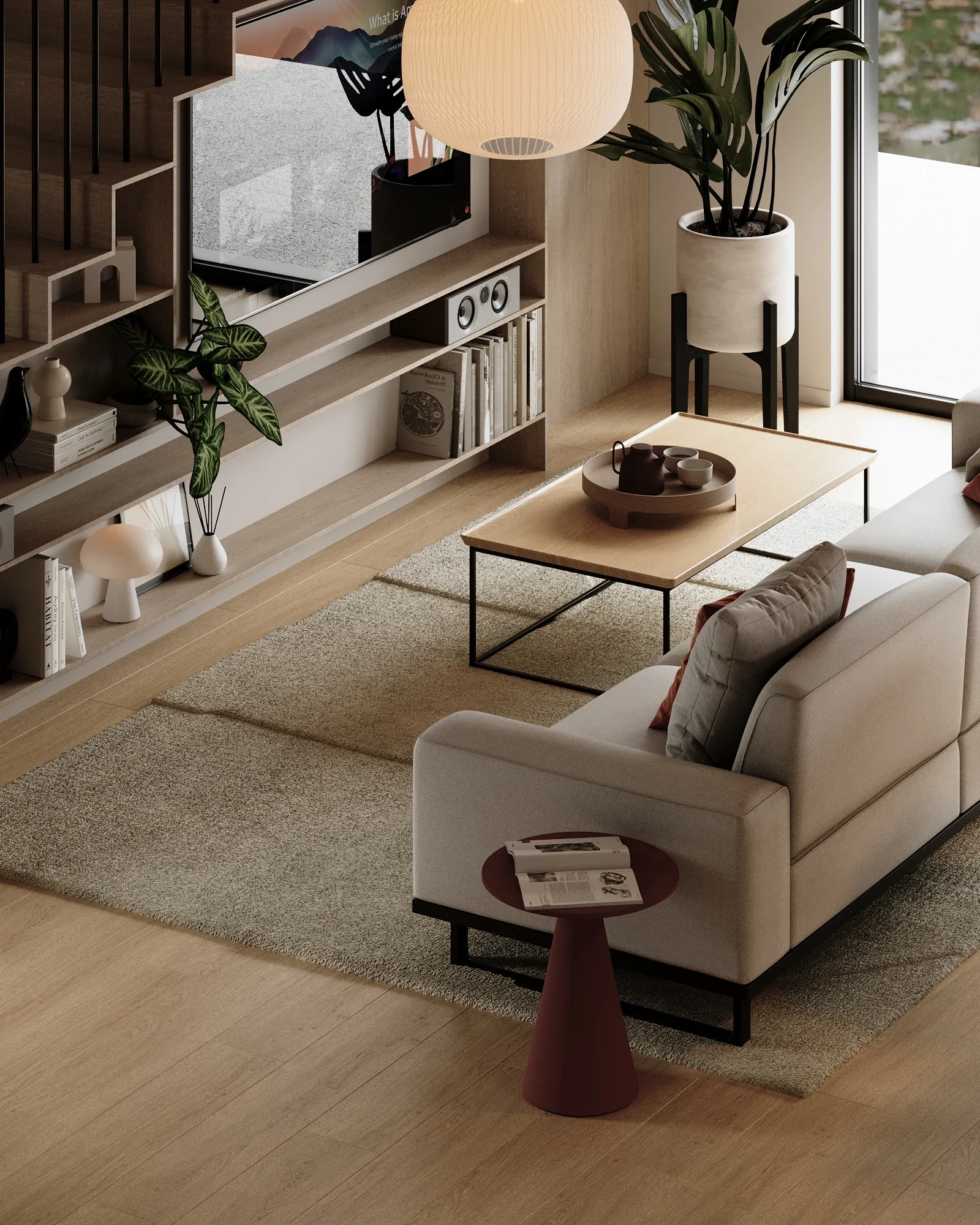 Design interior modern cu canapea bej, măsuță de cafea din lemn deschis cu tavă, covor texturat bej și măsuță laterală cu o revistă deschisă. Plante decorative, bibliotecă montată pe perete, televizor mare și plantă înaltă lângă ușă glisantă.