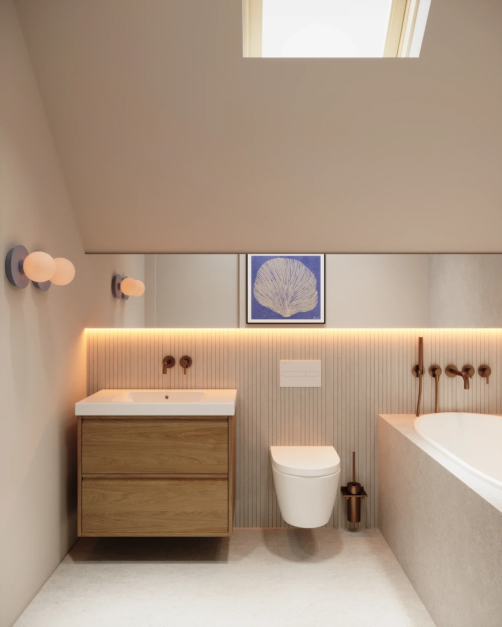 Design interior pentru baie modernă cu texturi naturale și iluminat ambiental
