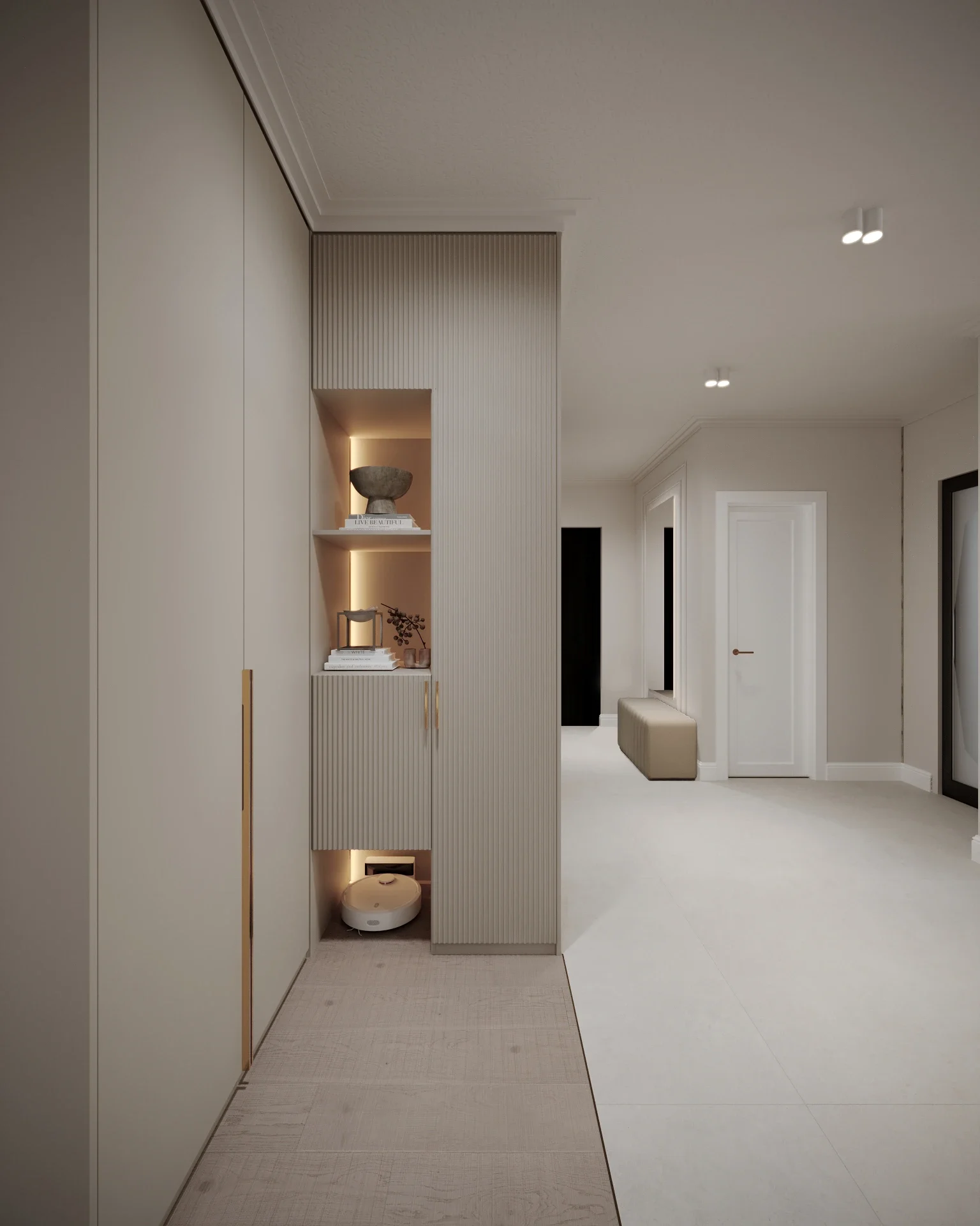 Design interior pentru un hol cu finisaje neutre și lumină naturală — proiect de design interior pentru casă contemporană în Dej