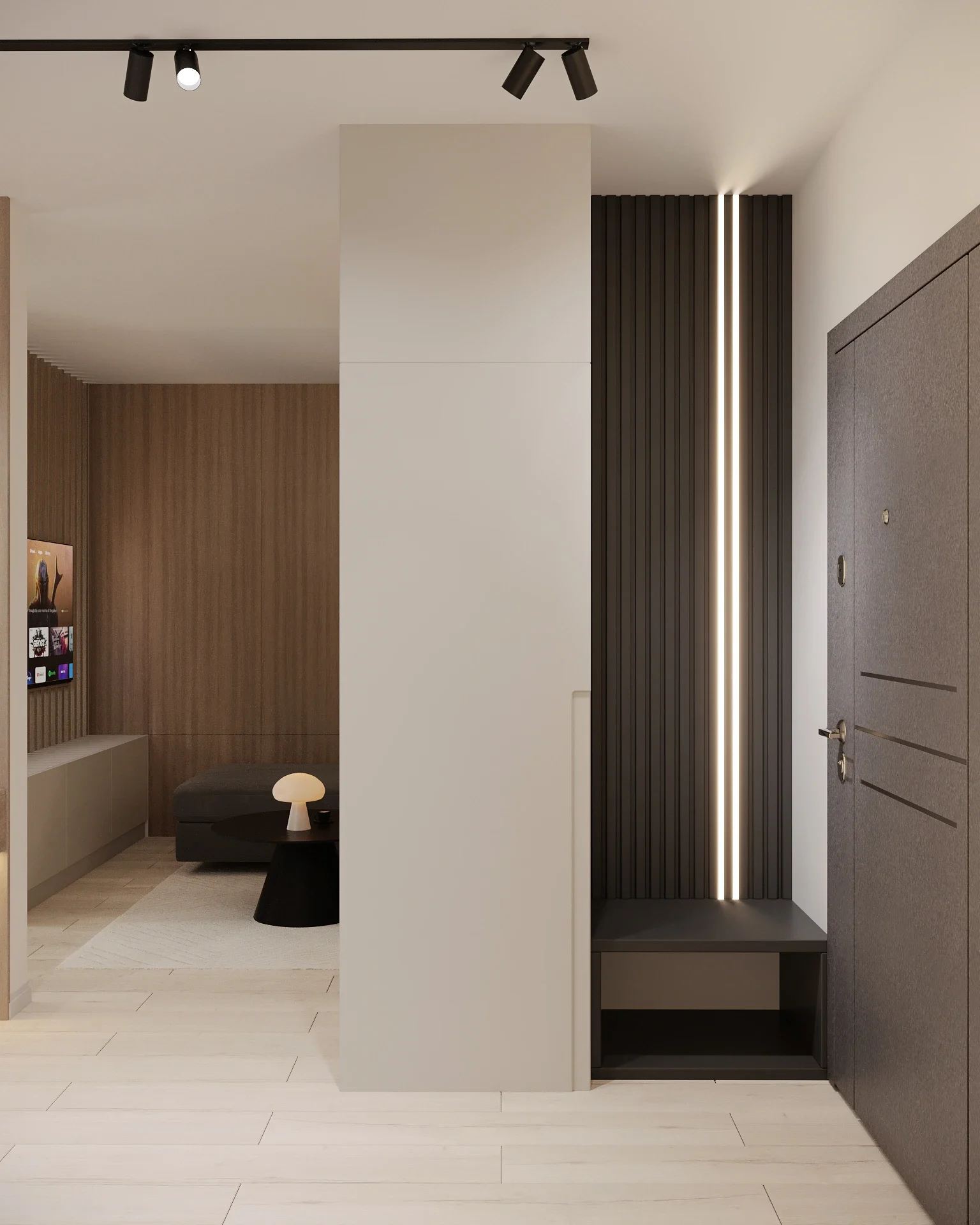 Antreu modern cu finisaje din lemn și profile geometrice — proiect de design interior Cluj