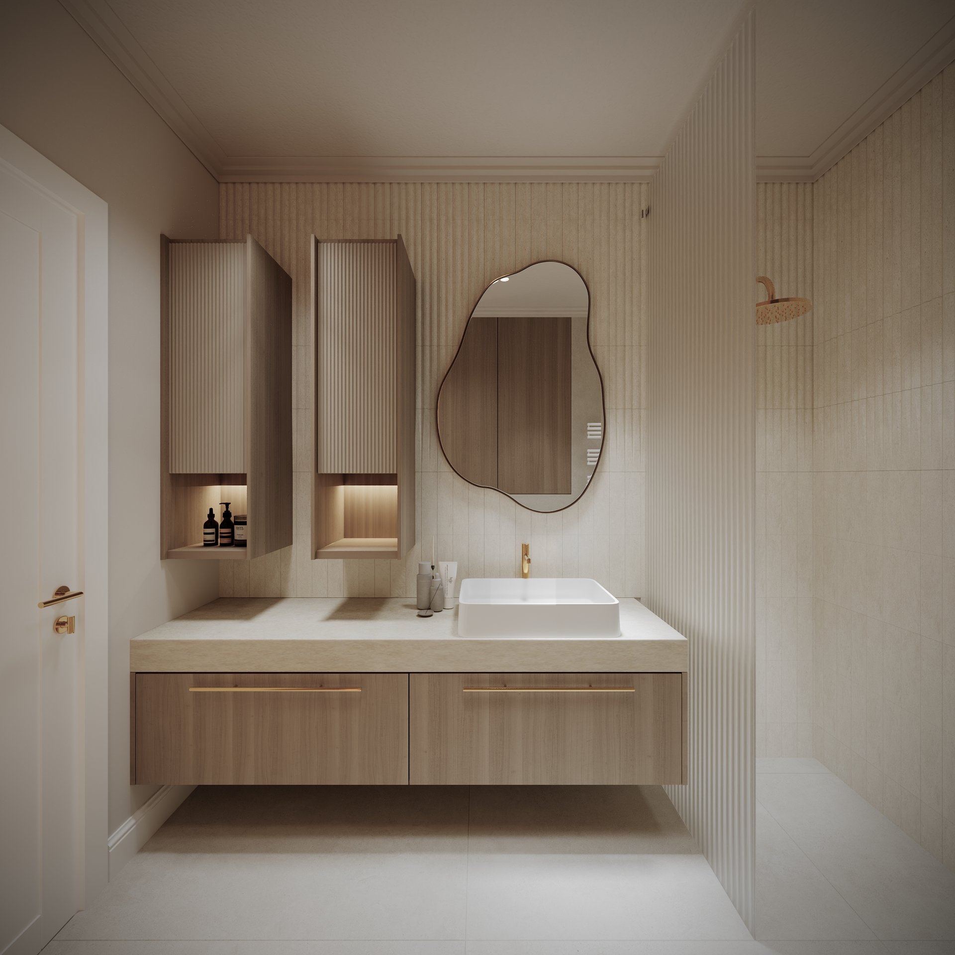 Baie principală casă contemporană cu mobilier suspendat si oglindă — Dej, ALTO Design
