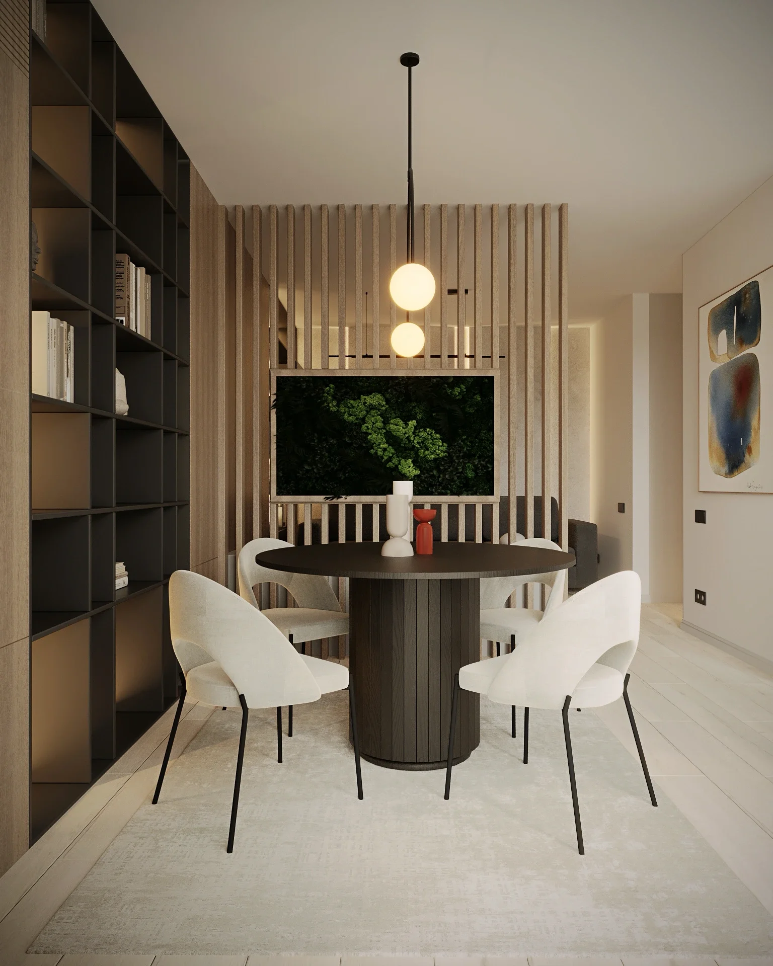 Dining modern cu masă și scaune pe fundal din lemn natural — proiect de design interior Cluj-Napoca