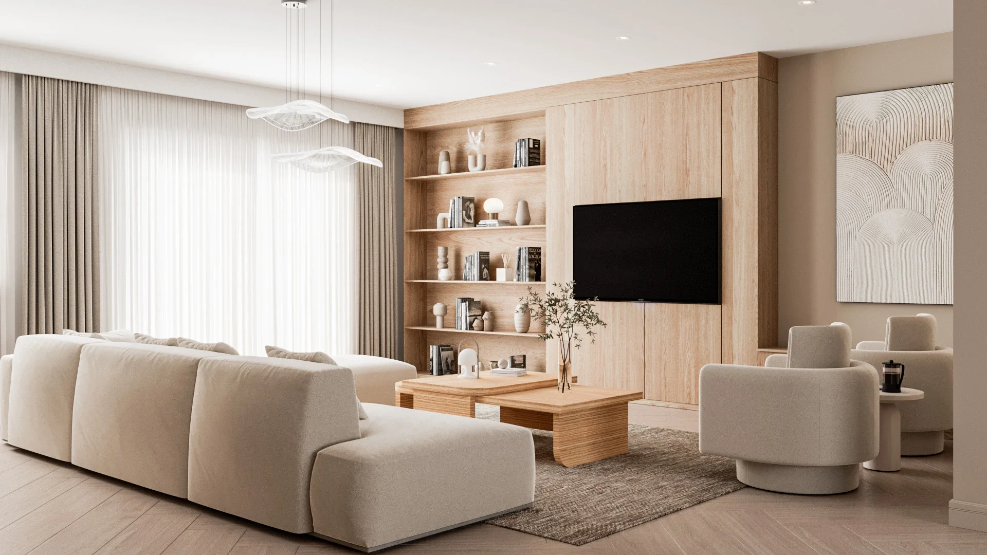 Design interior modern pentru living cu bibliotecă din lemn și paletă cromatică neutră
