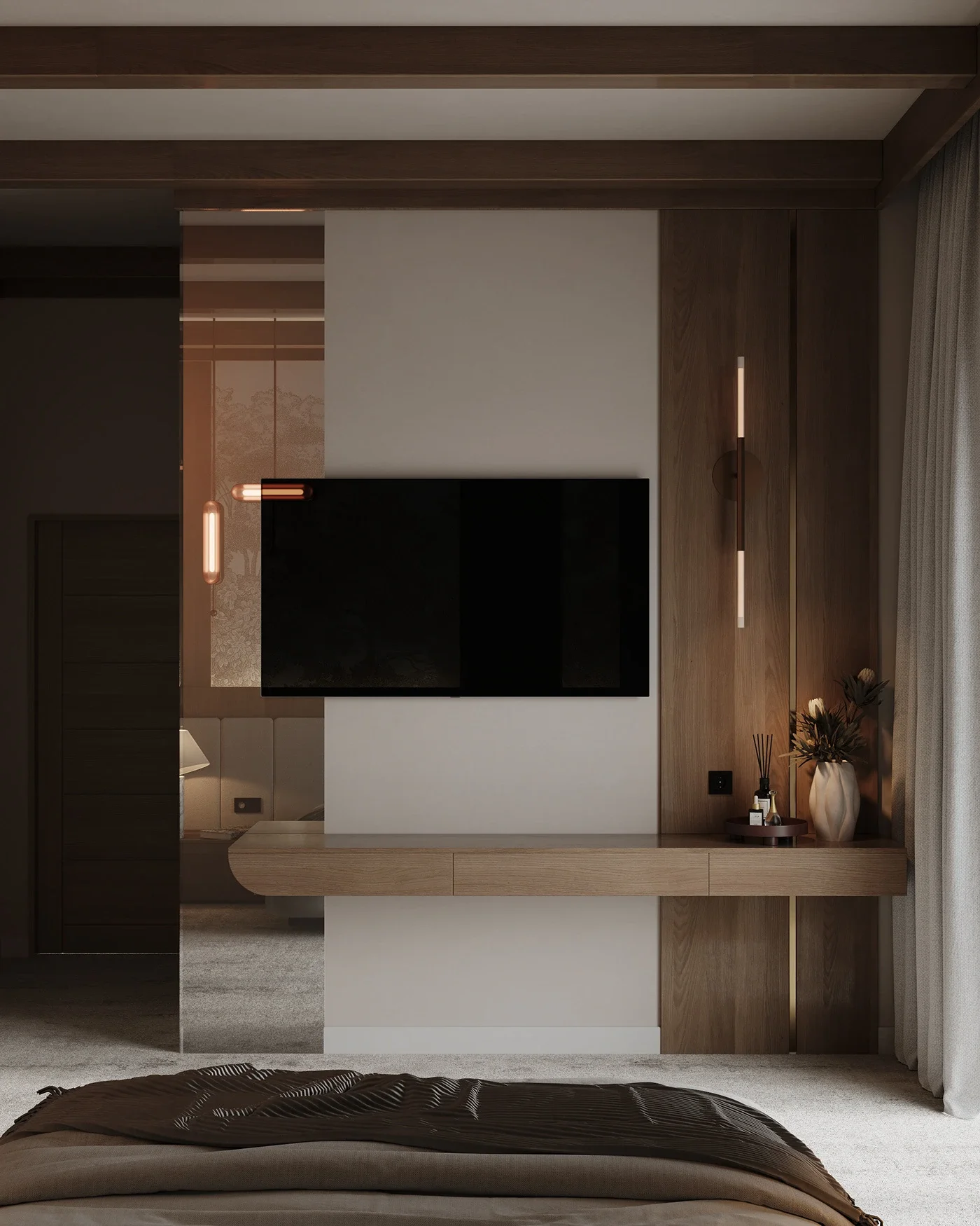 Dormitor modern luxury cu tăblie tapițată și atmosferă intimă.