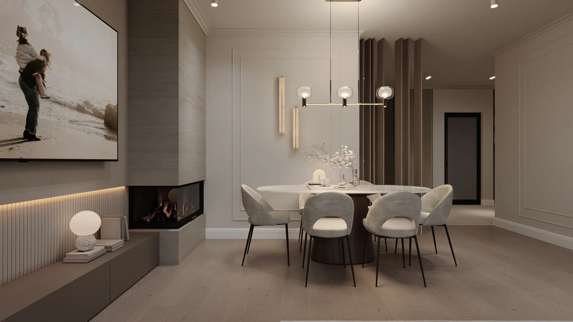 Dining contemporan cu scaune tapițate și iluminat pendant — proiect de design interior Cluj pentru casă modernă