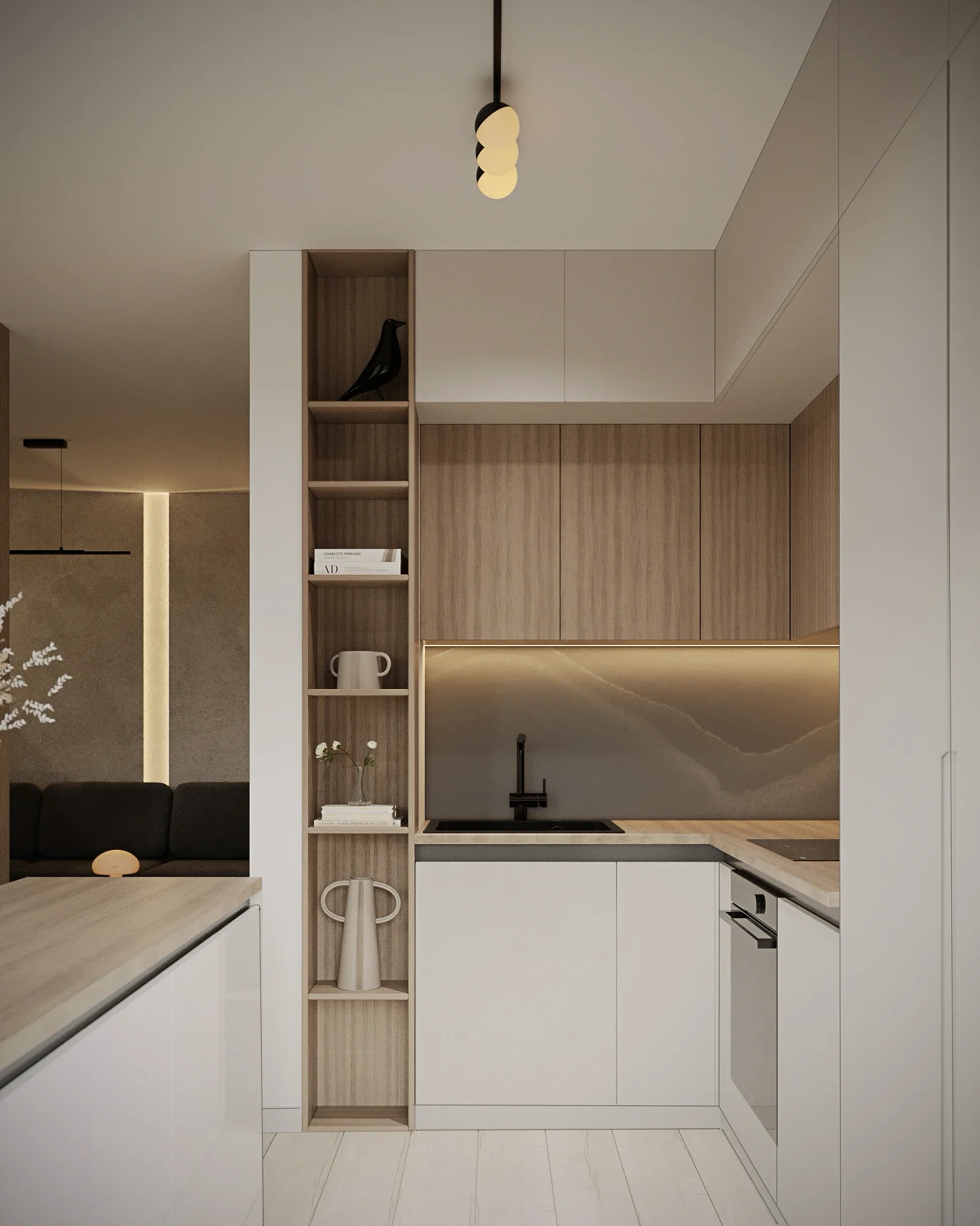 Bucătărie contemporană cu fronturi din lemn natural și blat neutru — proiect ALTO Design în Cluj