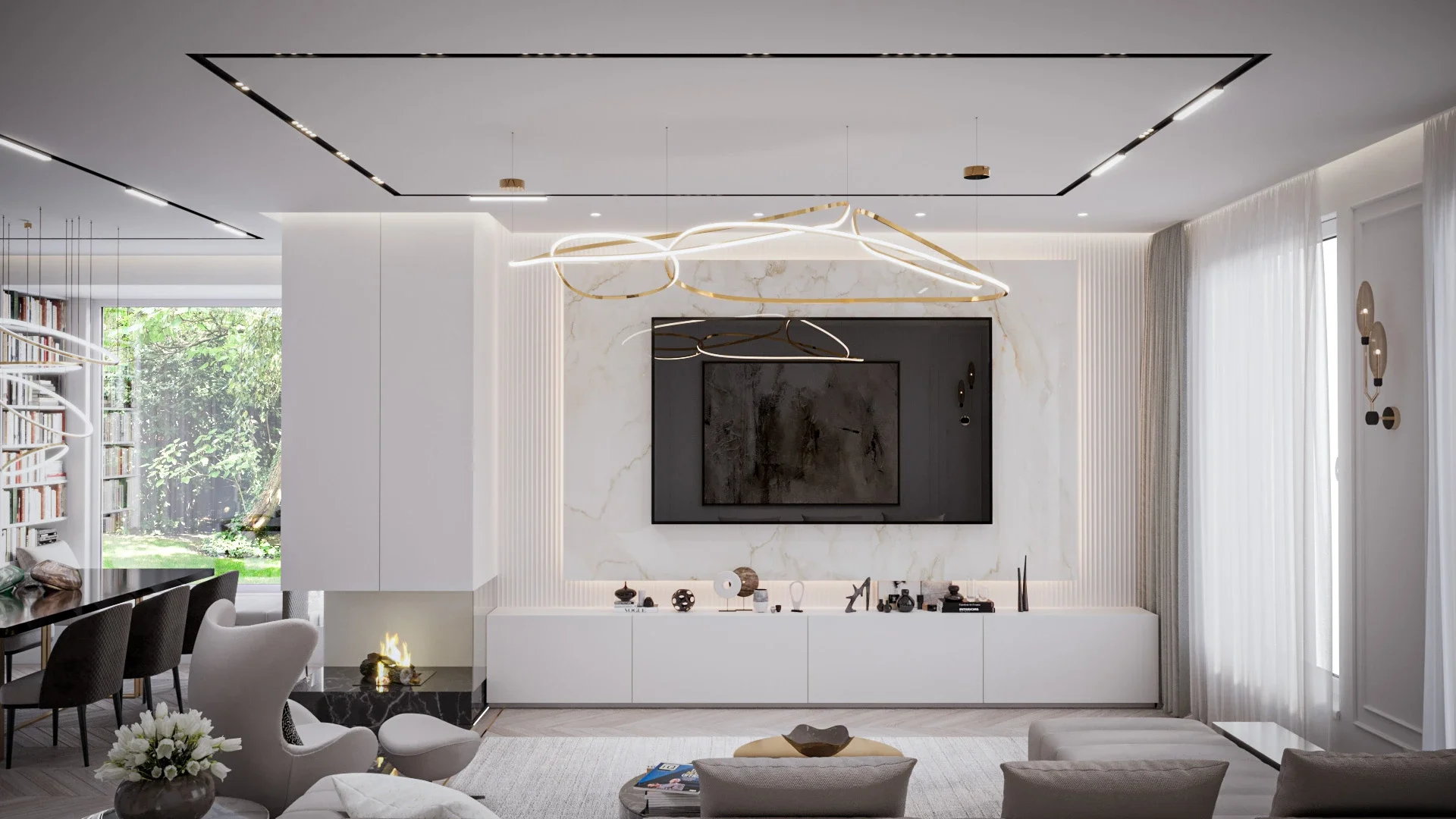 Design interior open space cu zonă de dining integrată și atmosferă sofisticată
