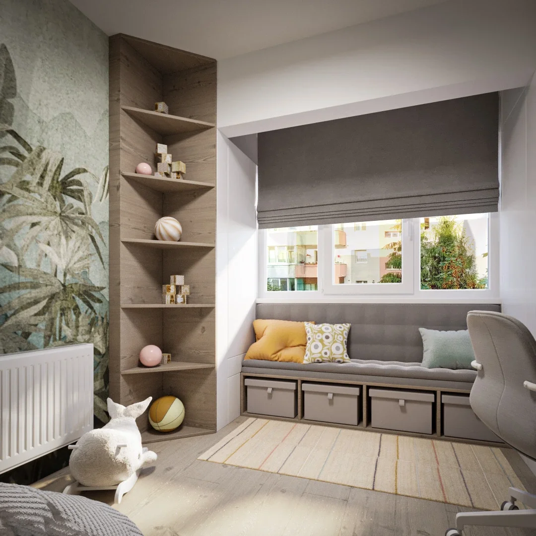 Design interior cameră copil cu accente grafice și atmosferă relaxată
