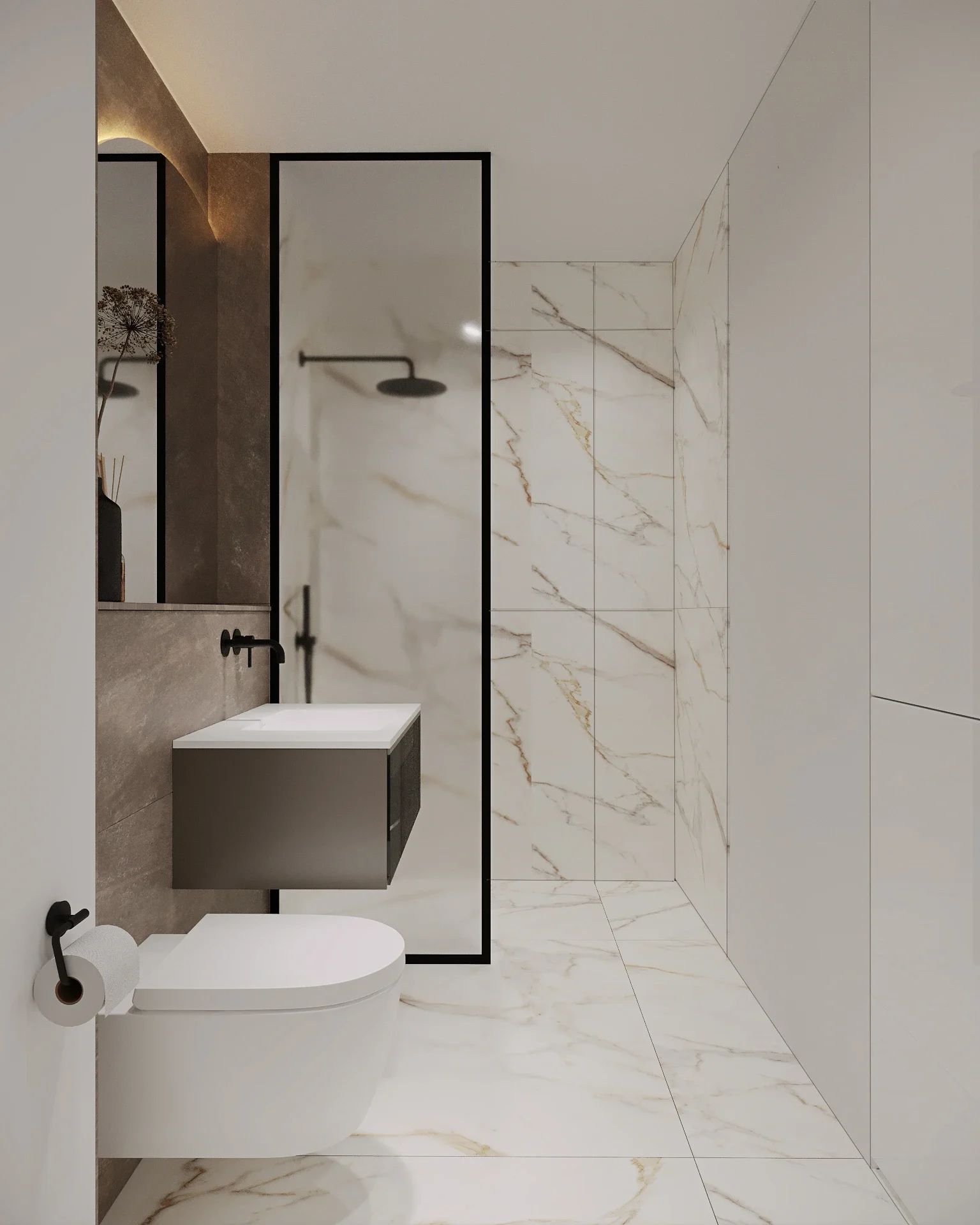 Baie contemporană cu placări din piatră naturală și oglindă minimalistă — Apartament R. by ALTO Design