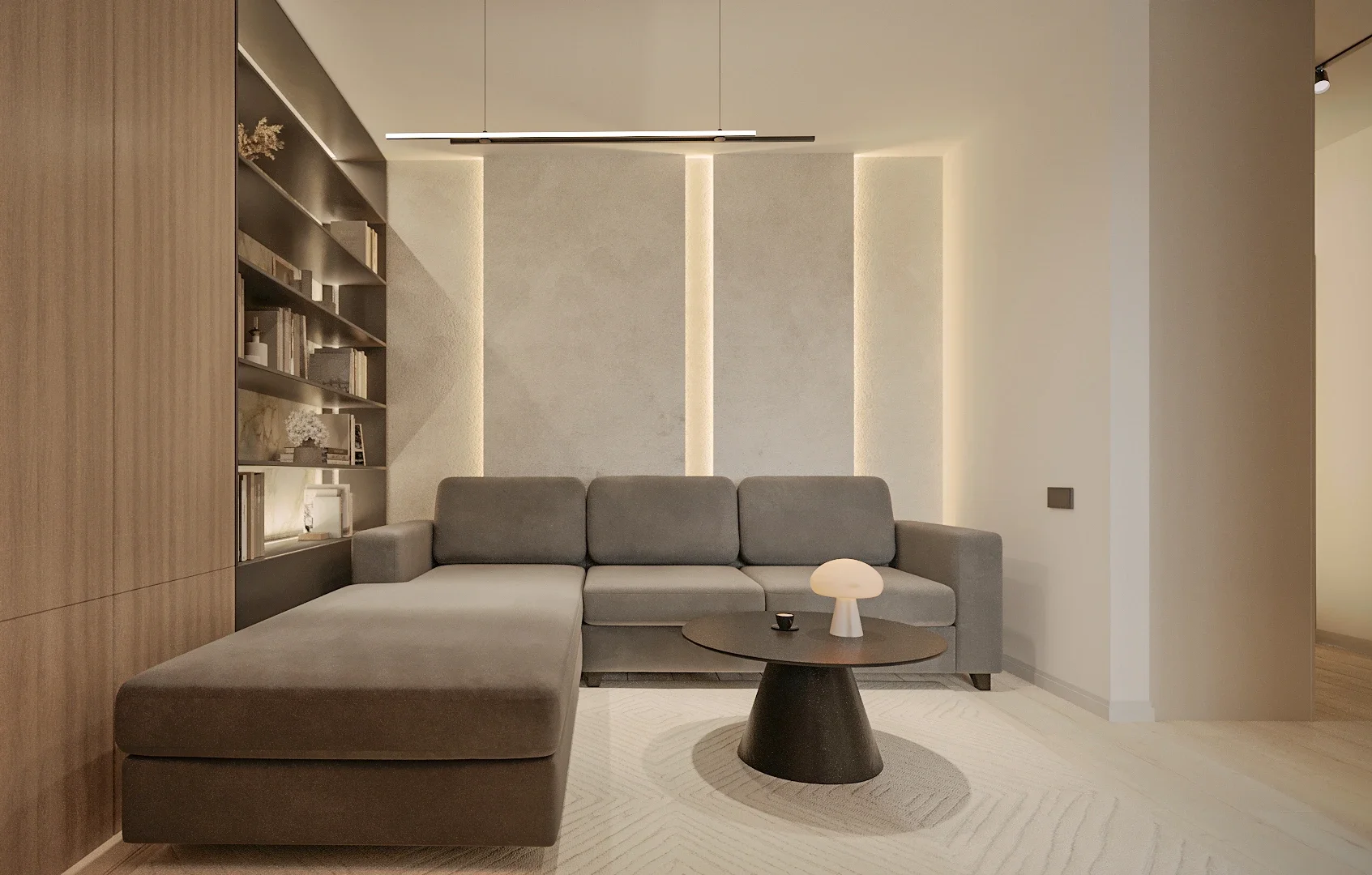 Design interior Cluj pentru living contemporan cu placări din lemn și zonă de relaxare — Apartament R. by ALTO Design