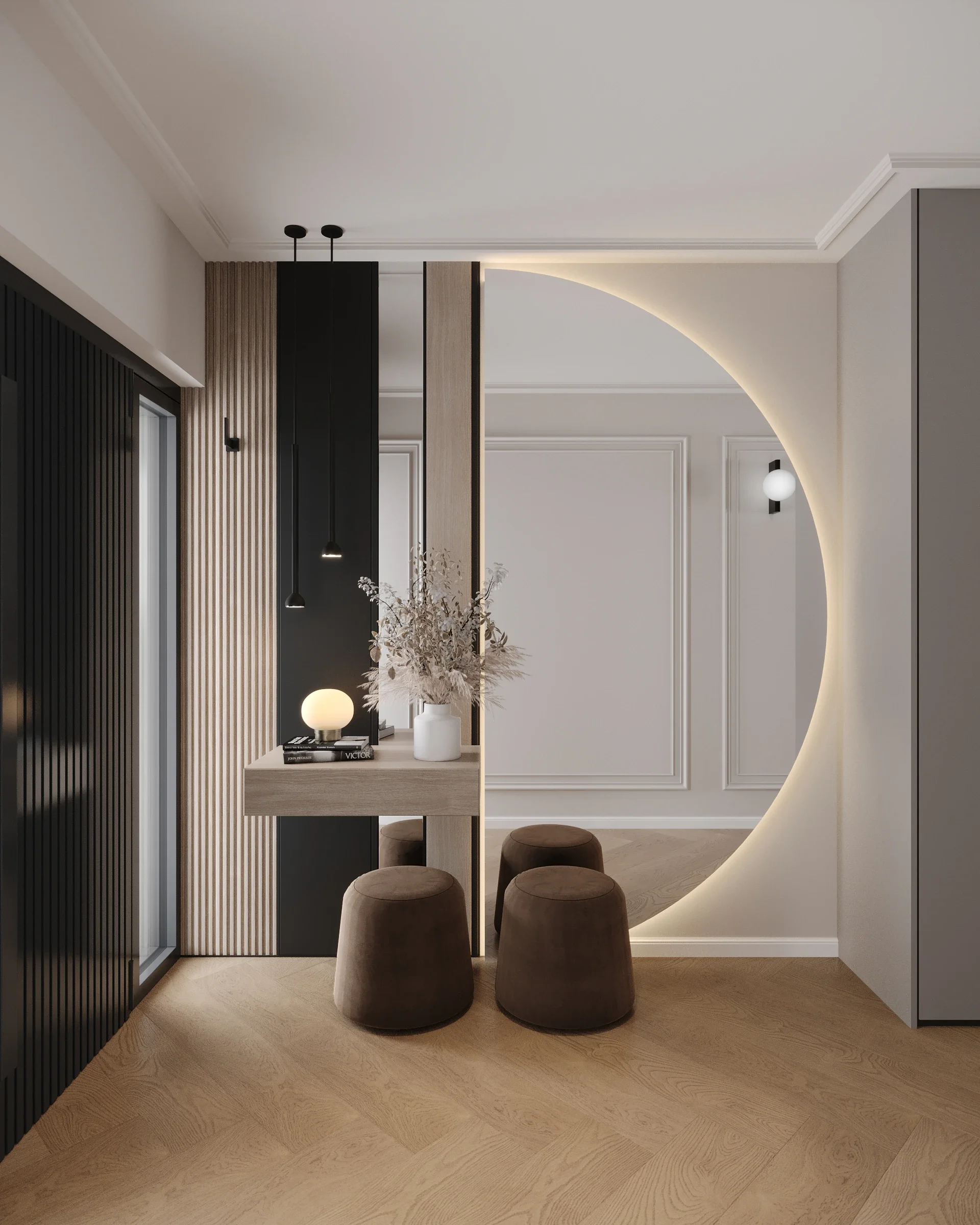 Design interior Intrare - Raft pentru vin integrat și corpuri suspendate într-un proiect de design interior Cluj-Napoca