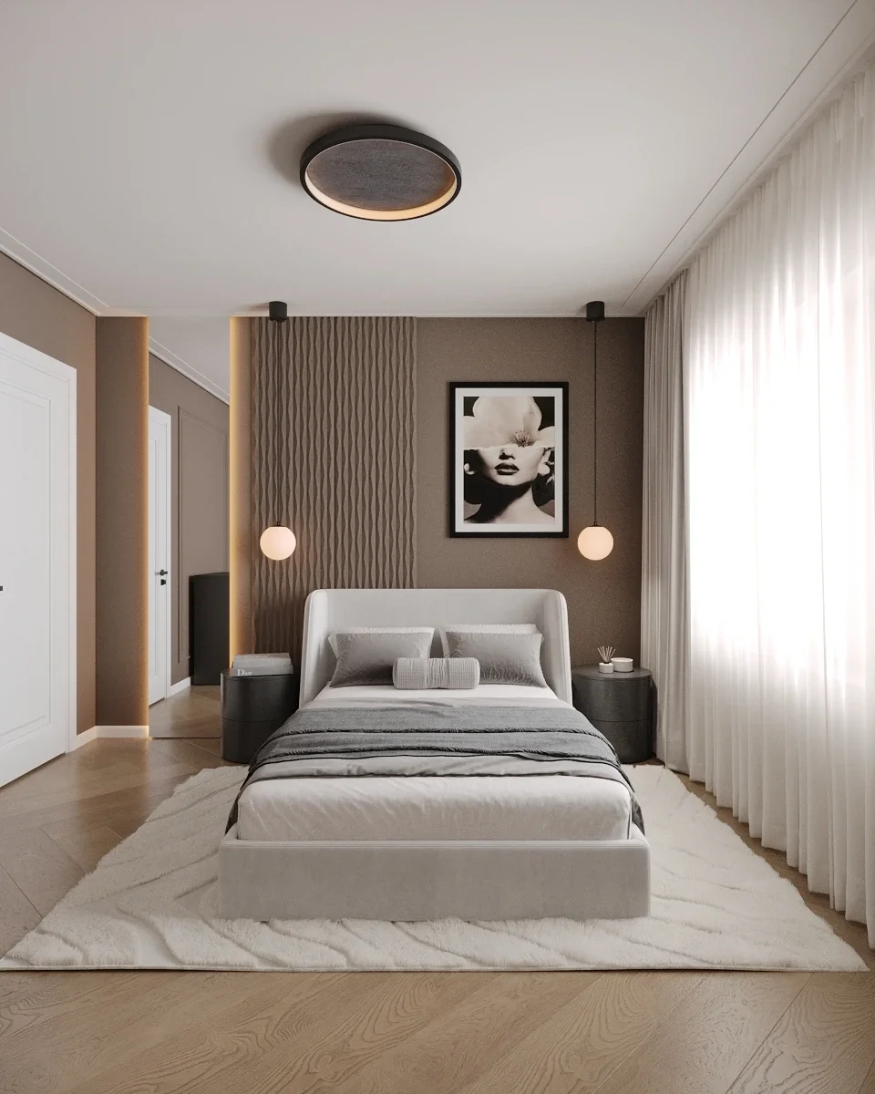 Design interior Dormitor de oaspeți cu pat tapițat și iluminat pendant rotund — proiect ALTO Design în Cluj