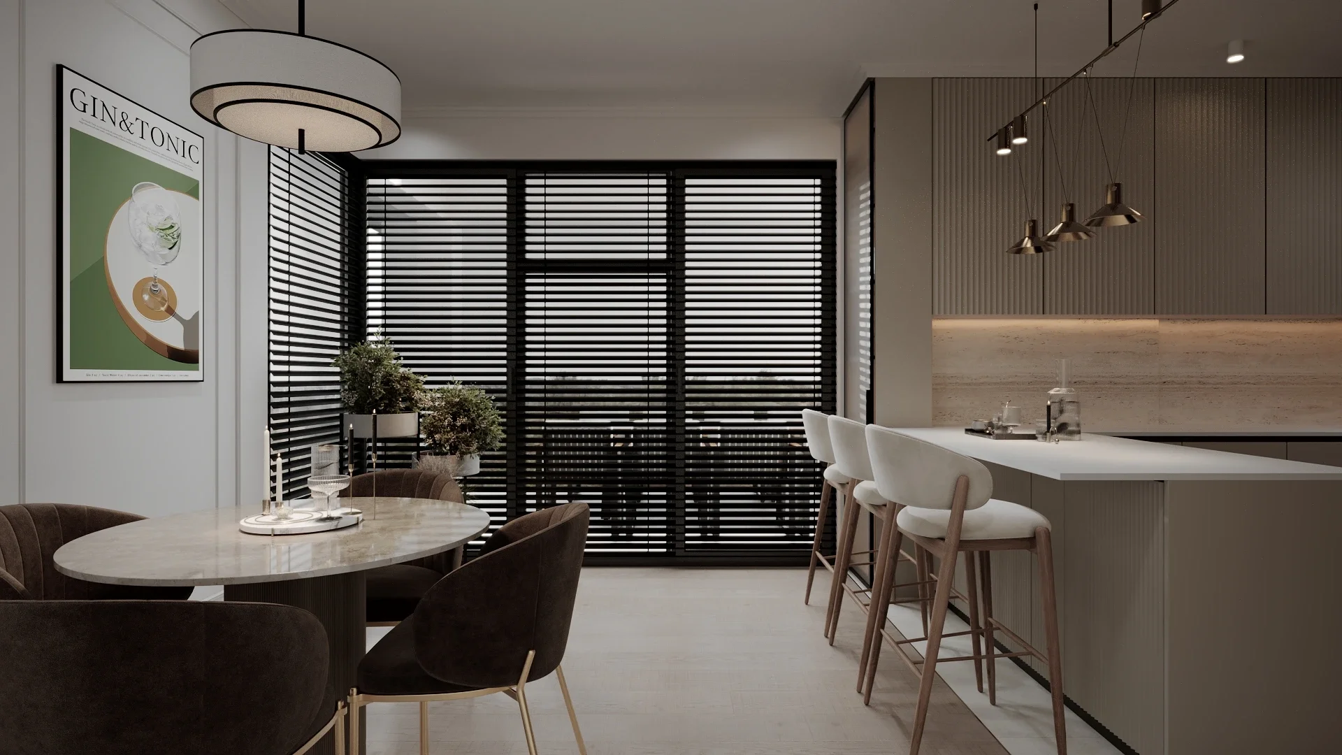 Bucătărie modernă cu zonă de dining integrată într-un proiect de design interior Cluj