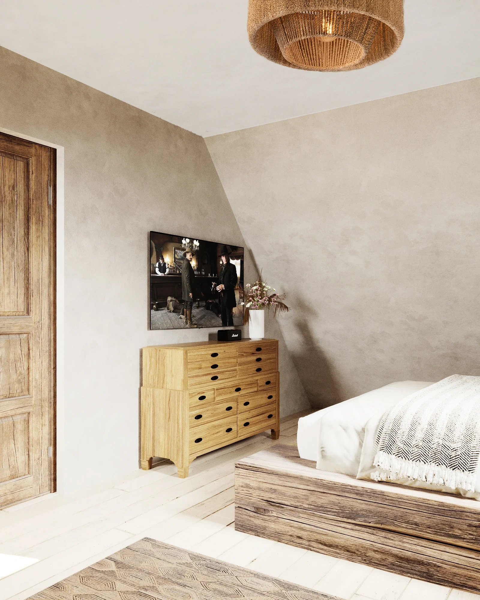 Dormitor mansardat pentru oaspeți cu design rustic contemporan și detalii din lemn natural