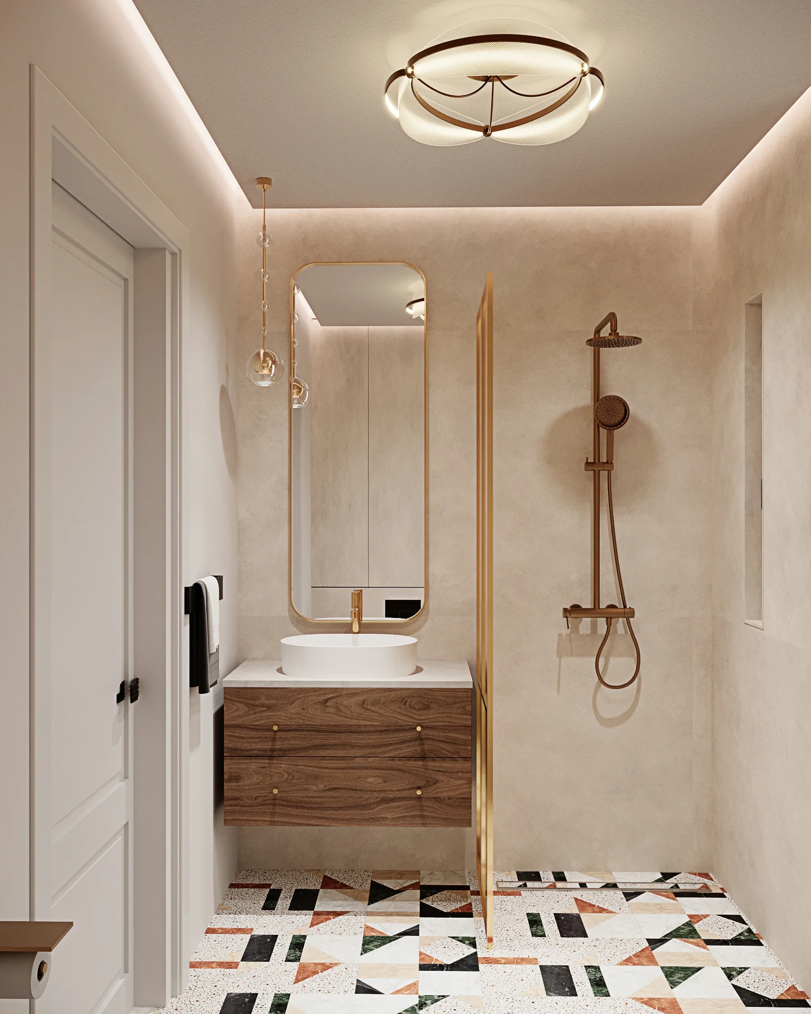 Baie contemporană cu pardoseală decorativă și finisaje neutre — design interior Casa D.G. Cluj-Napoca

