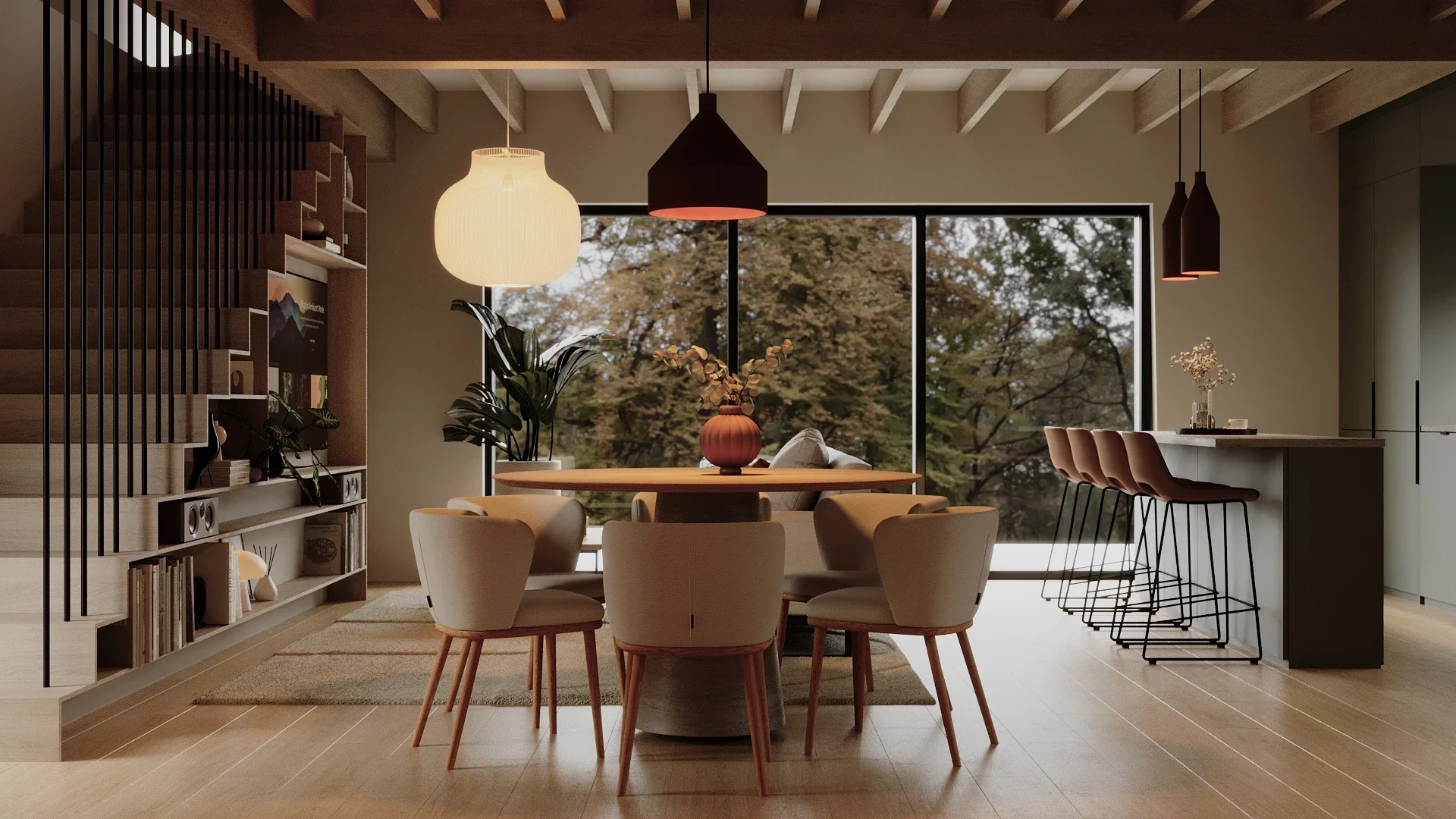 Design interior pentru un Dining contemporan integrat în open-space cu finisaje naturale din lemn — Casa P.