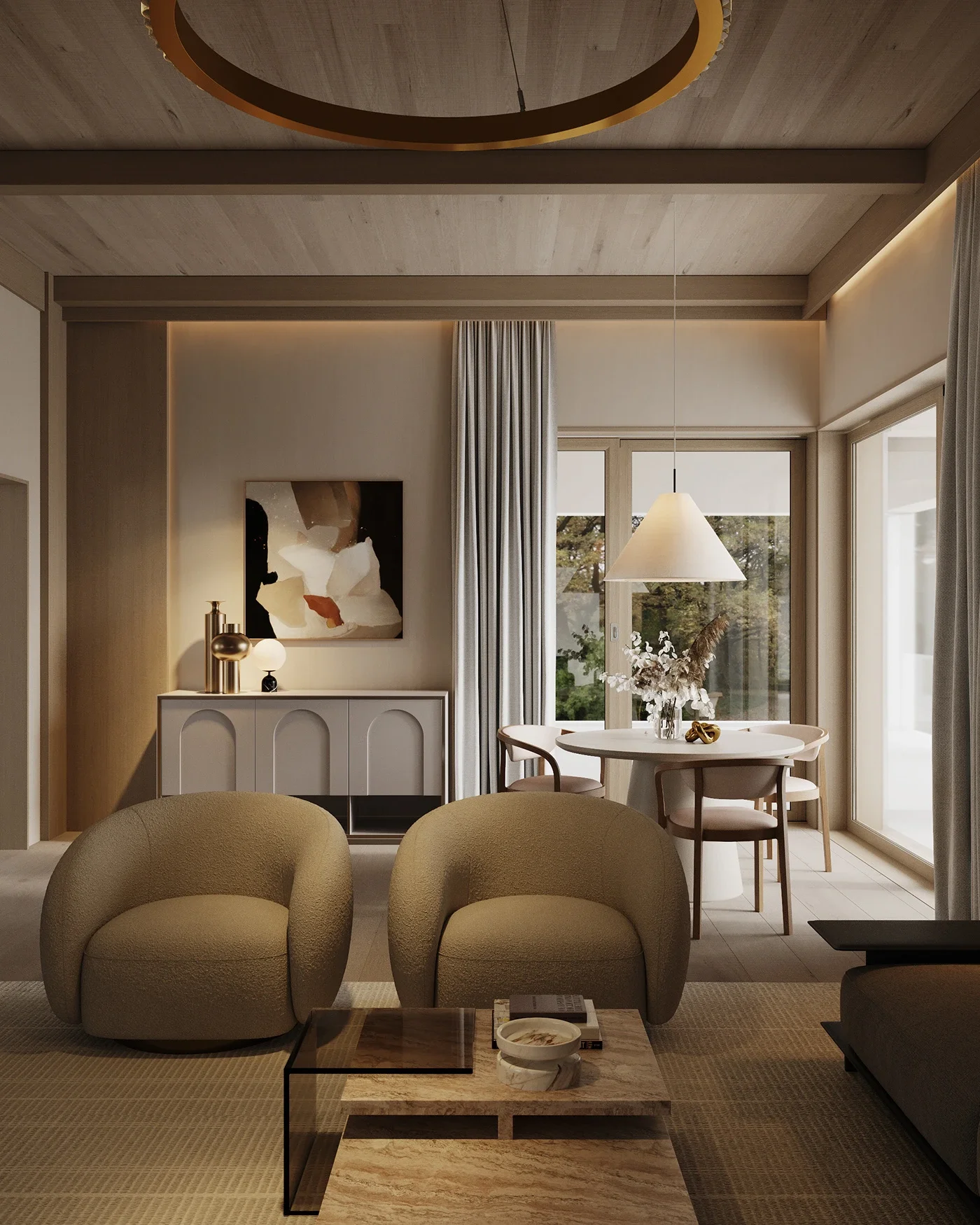 Design interior minimalist pentru living cu accente contemporane și materiale naturale.