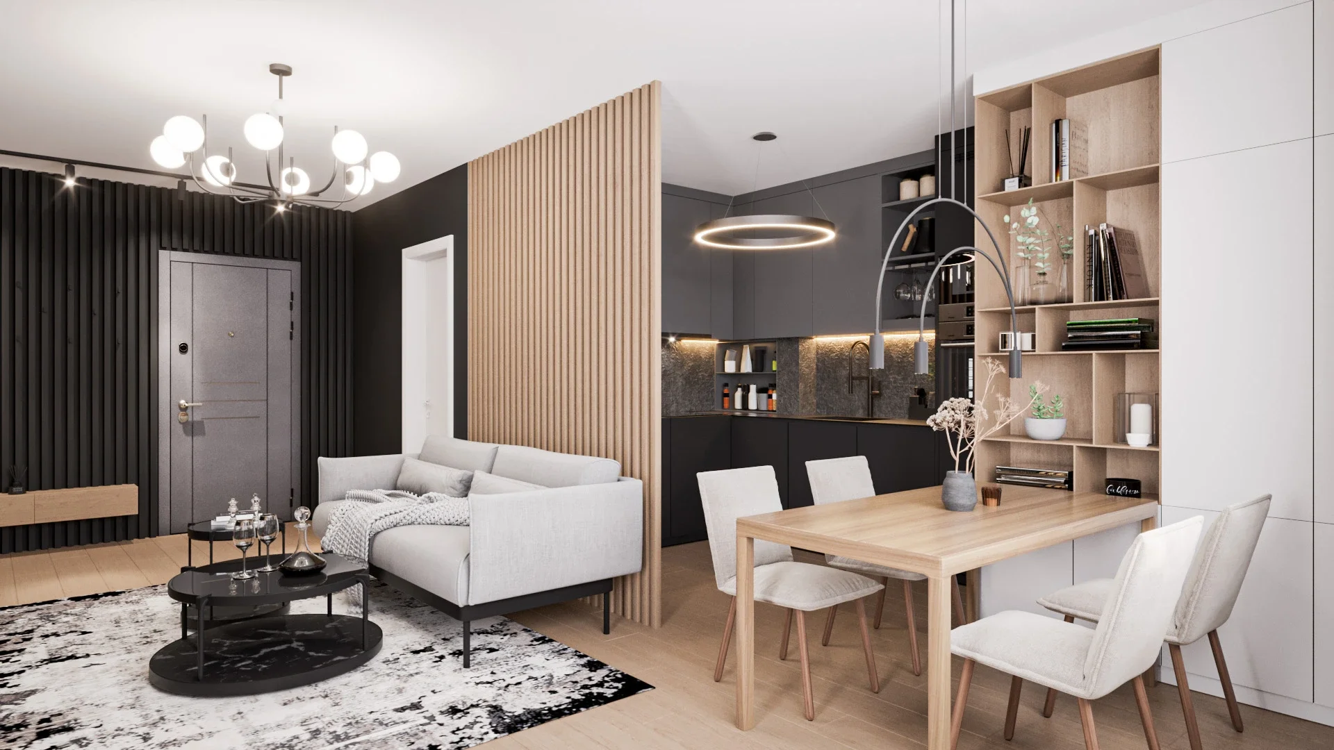 Living contemporan cu bucătărie open-space și organizare funcțională coerentă