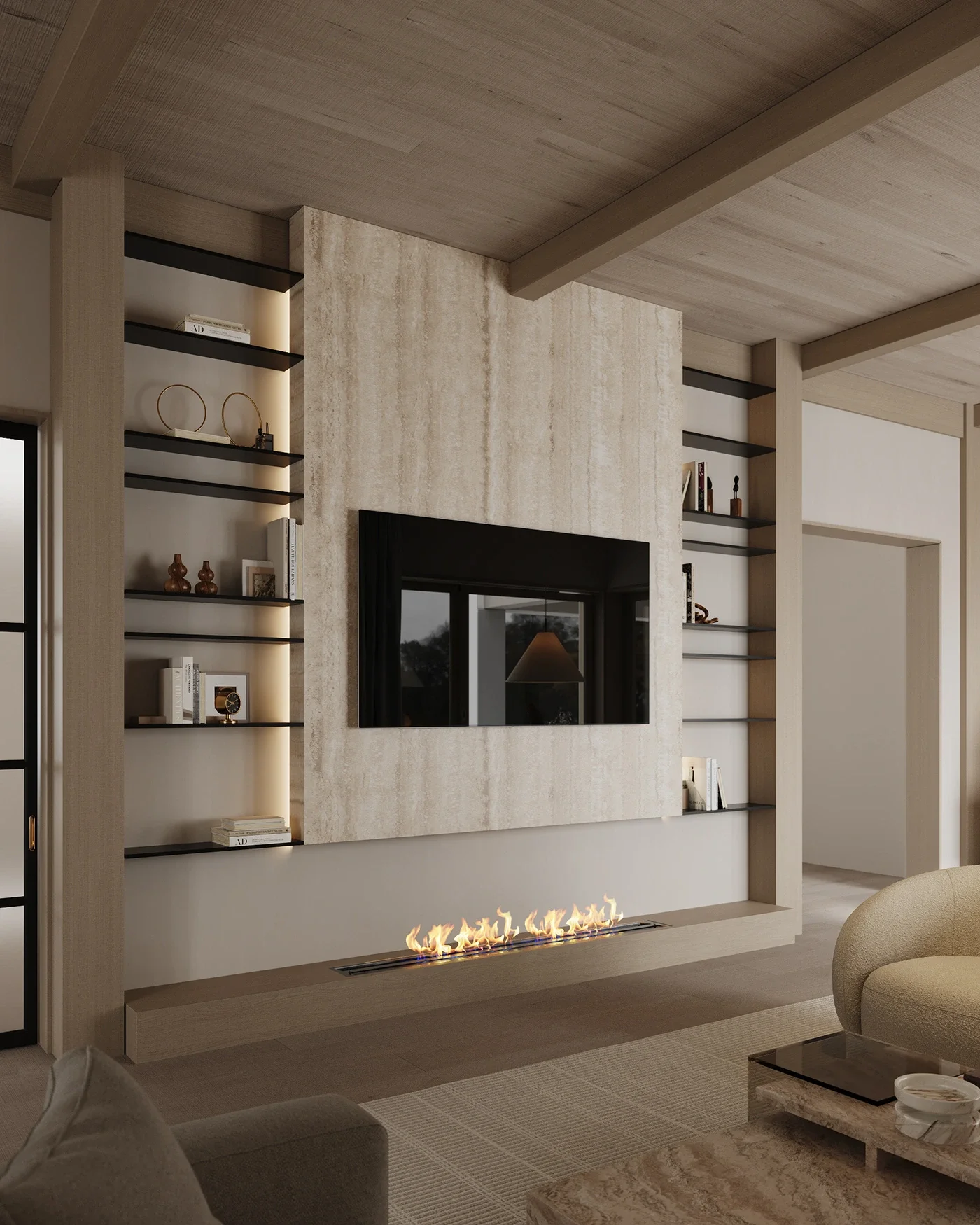 Design interior open space cu living elegant și zonă de dining integrată.