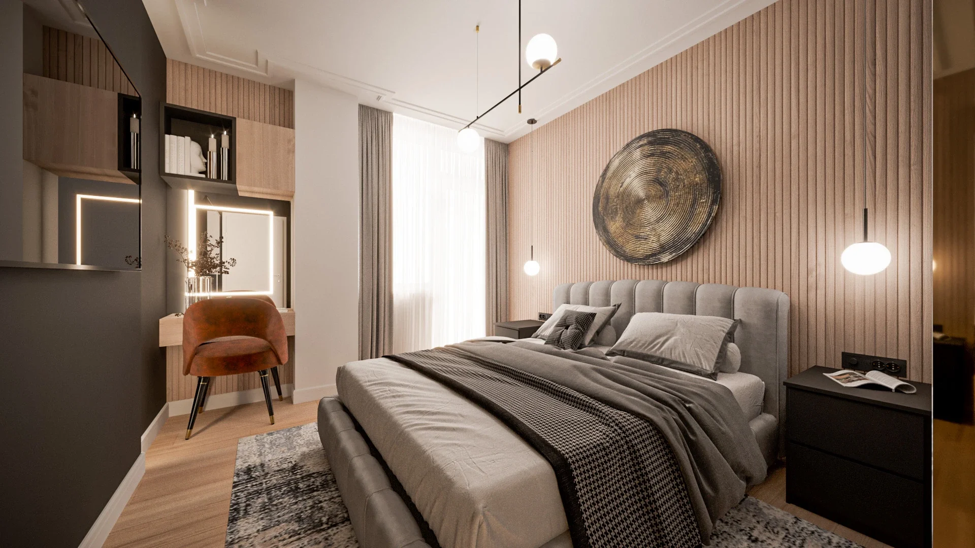 Dormitor contemporan cu atmosferă calmă și mobilier integrat — Apartament Plopilor