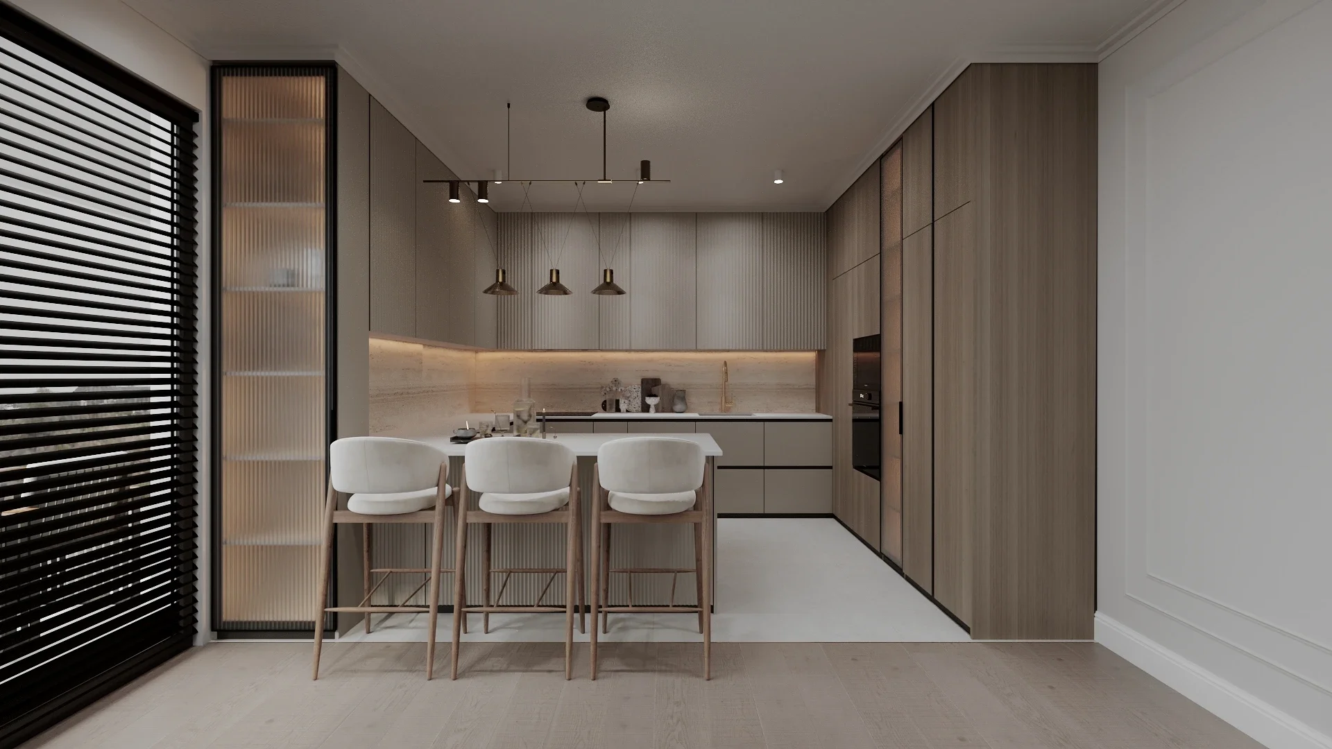Design interior bucătărie contemporană cu insulă și scaune de bar — amenajare realizată de ALTO Design