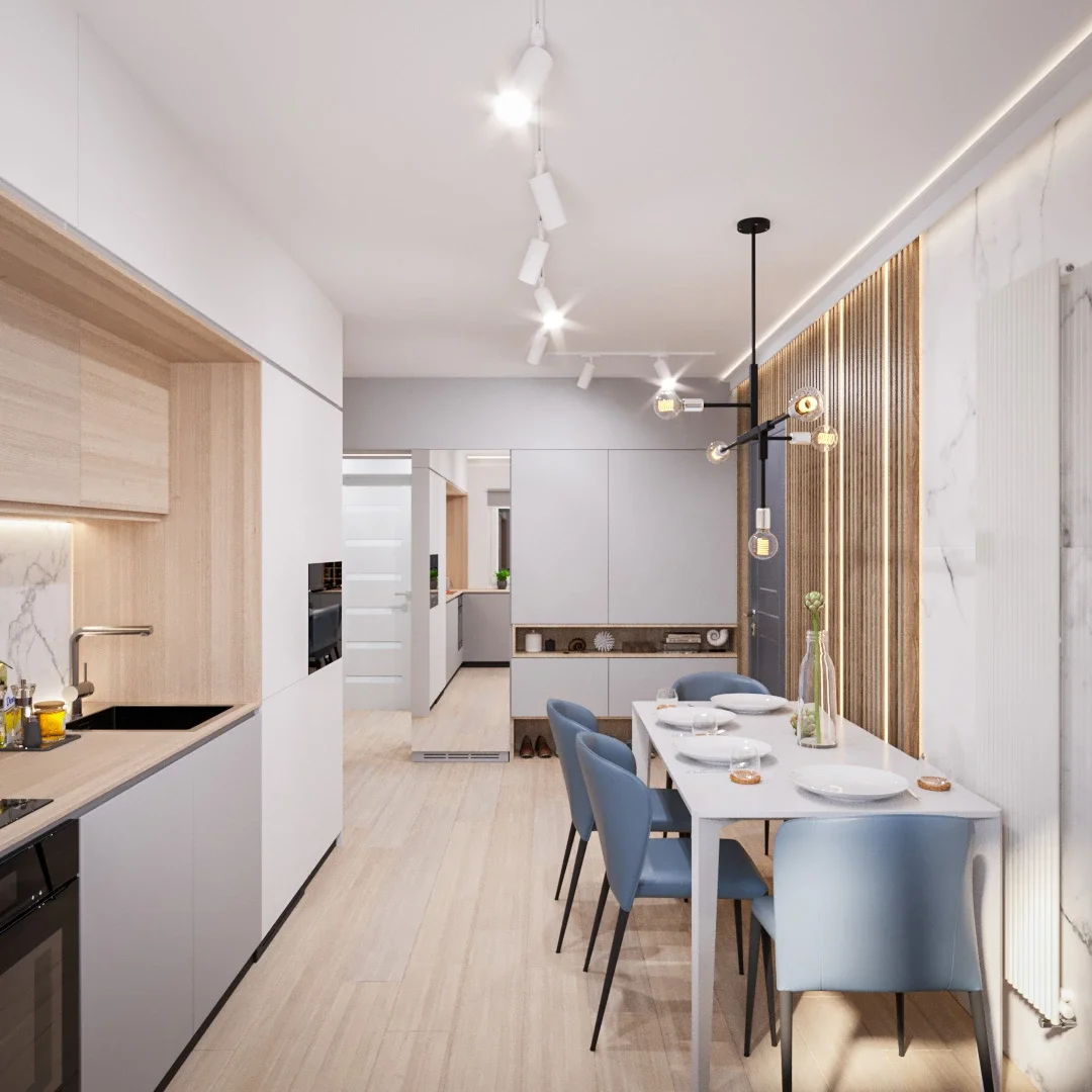 Bucătărie premium cu mobilier integrat și atmosferă urbană elegantă