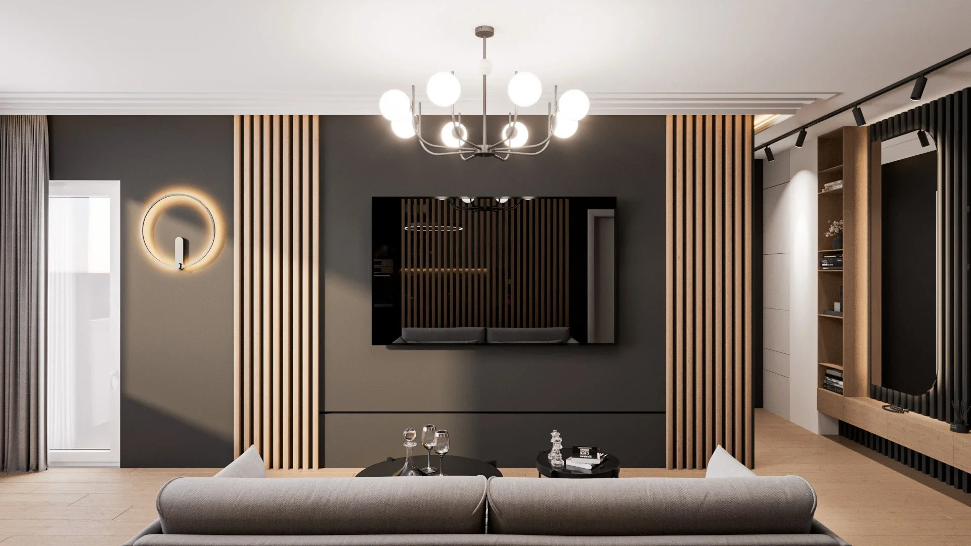 Design interior living open-space contemporan cu atmosferă luminoasă — Apartament Plopilor