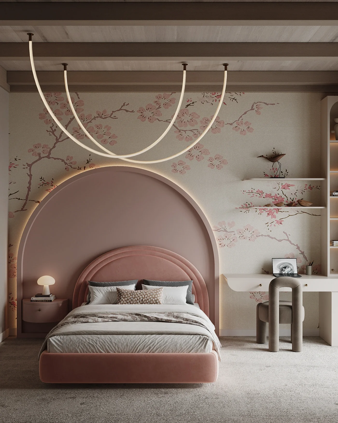 Design interior cameră fată cu accente roz pudrat și mobilier organic.