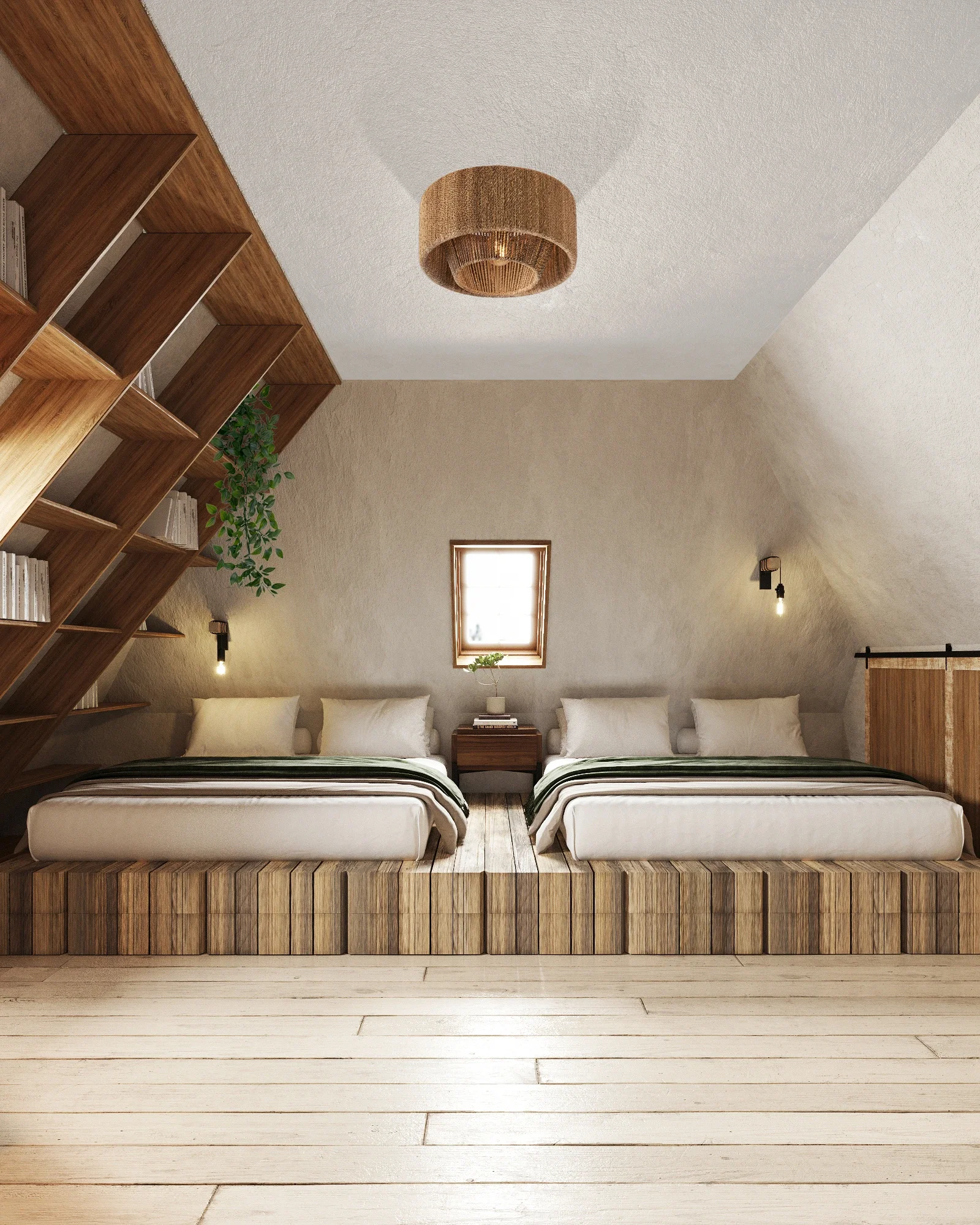 Design interior dormitor rustic autentic cu platformă din lemn și atmosferă tradițională reinterpretată