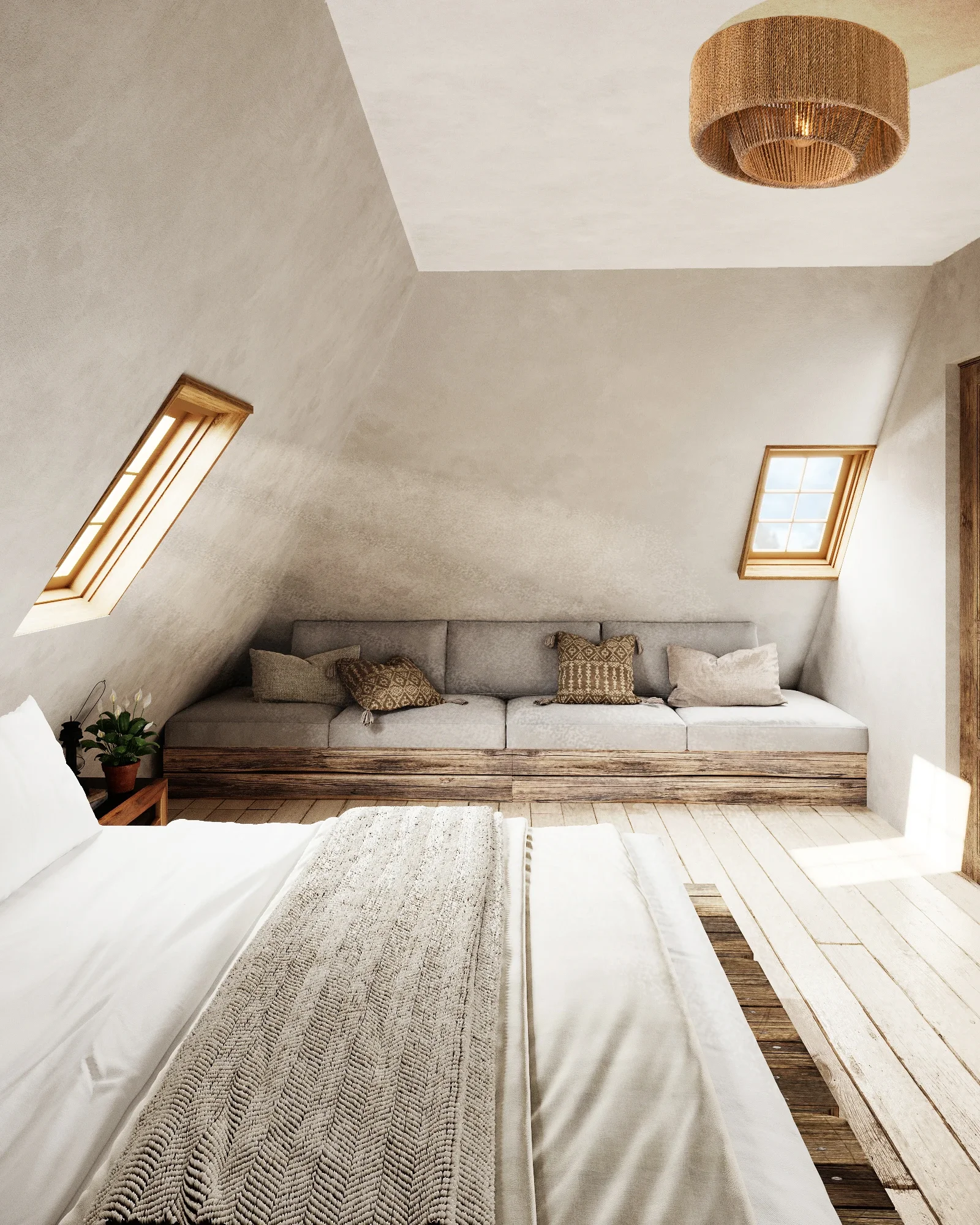 Dormitor mansardat cu bibliotecă personalizată și mobilier rustic modern într-o casă maramureșeană