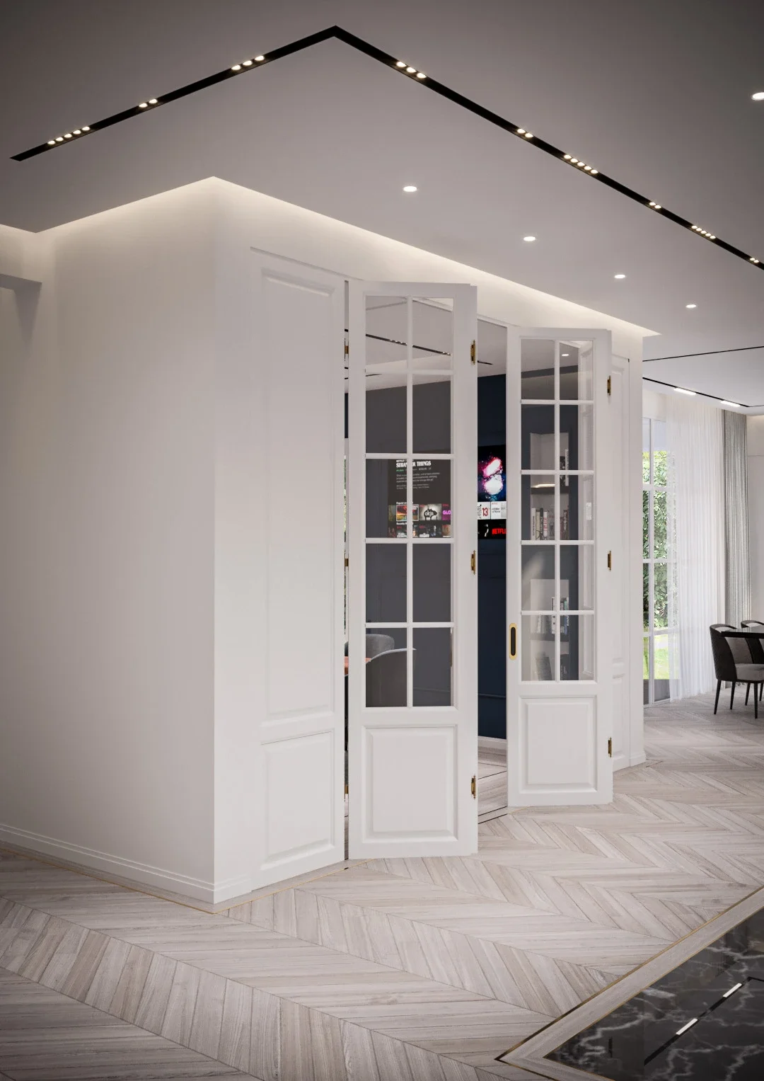 Hol contemporan cu influențe clasice și pardoseală tip herringbone — Casa S.P.