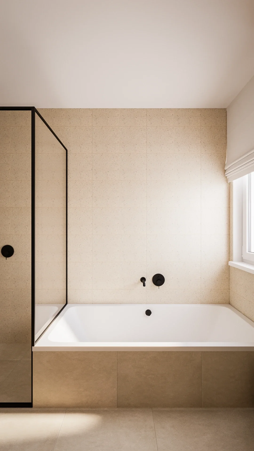 Baie minimalistă cu lemn natural și atmosferă relaxată într-o vilă modernă