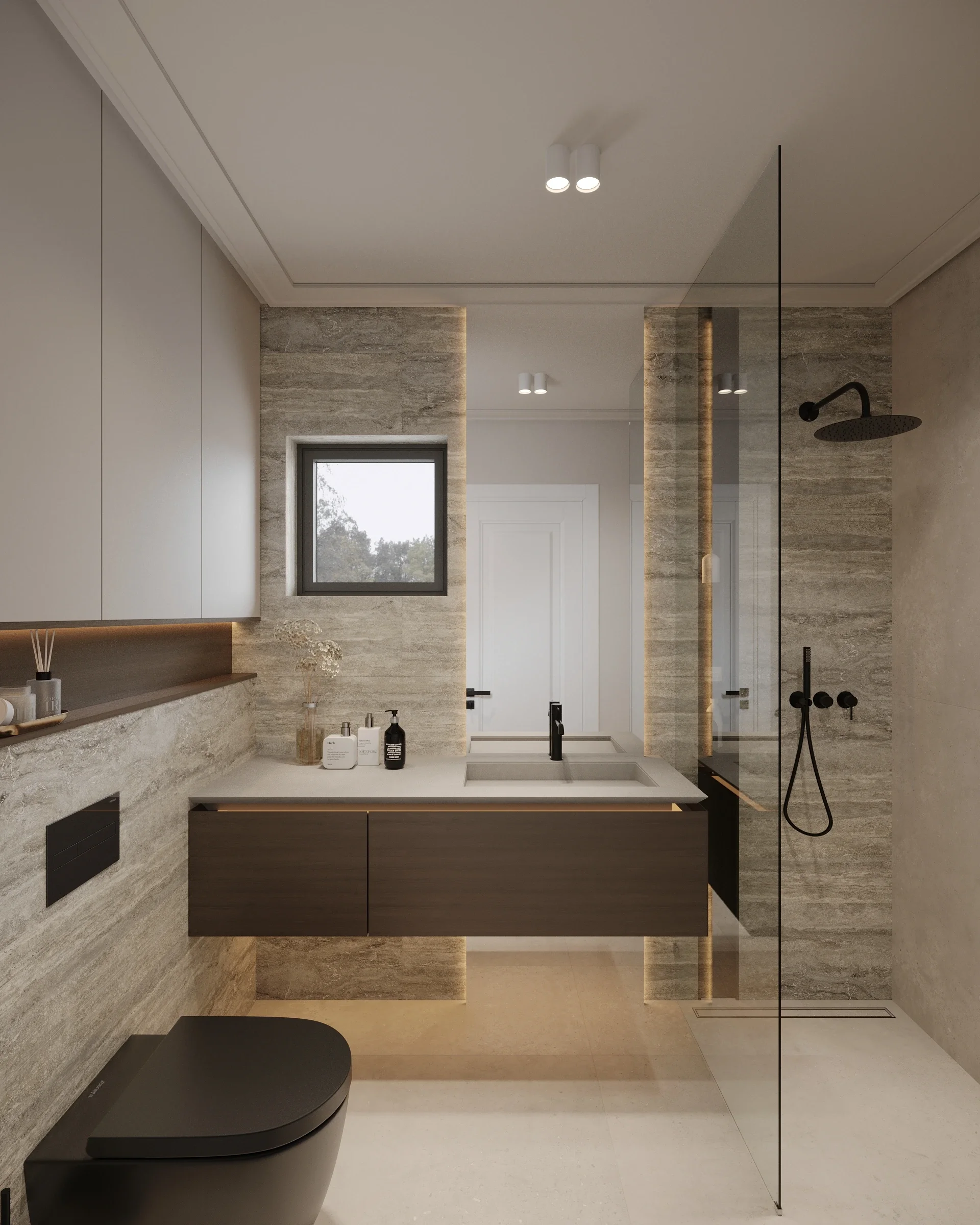 Baie secundară cu duș și finisaje din piatră naturală — proiect realizat de ALTO Design