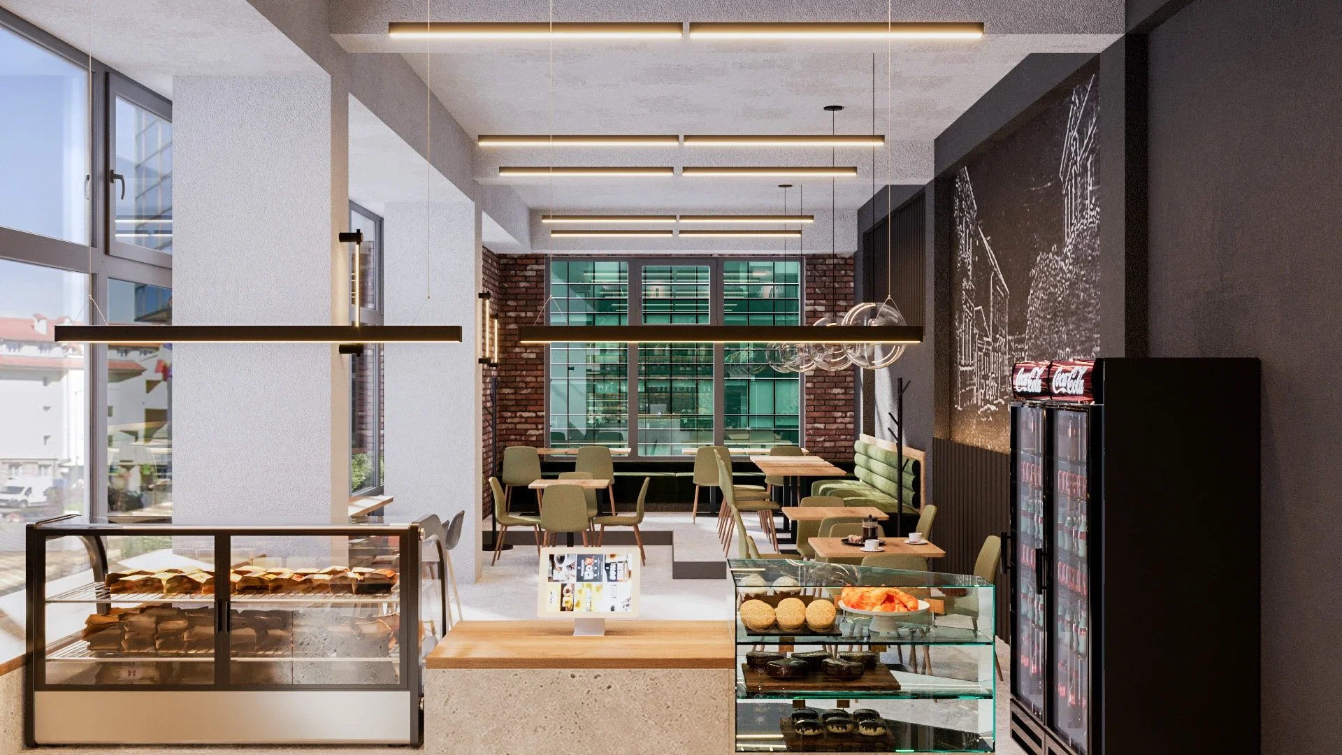 Design interior comercial cu influențe industriale și materiale brute elegante