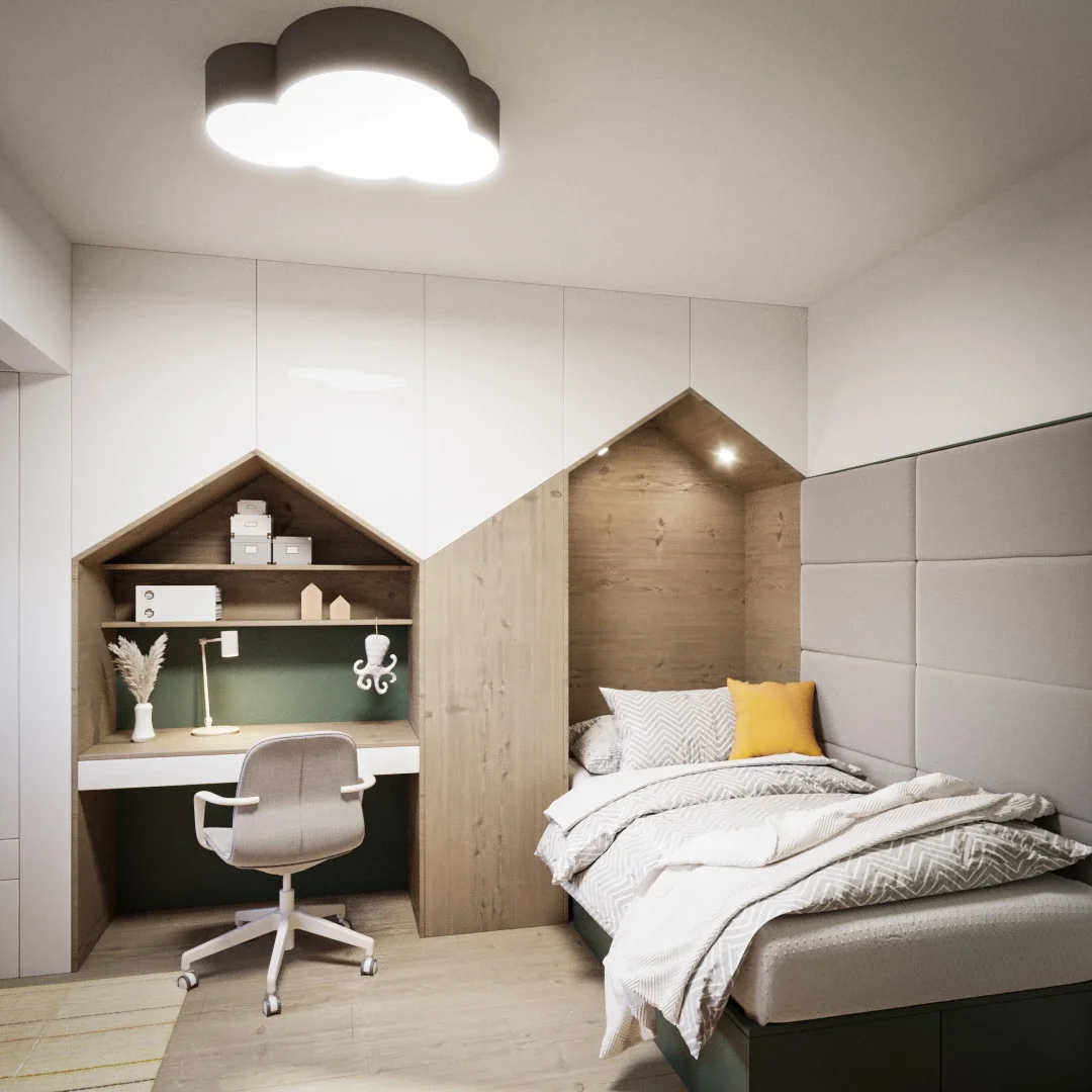 Design interior cameră băiat cu accente naturale și spații de depozitare inteligente