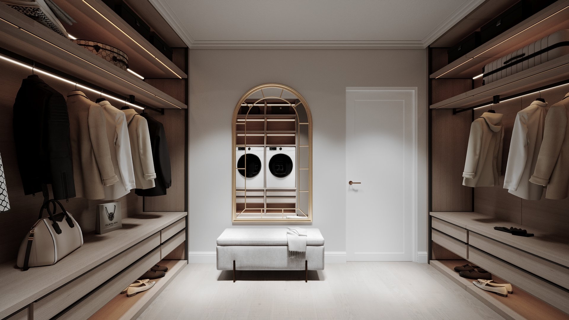 Dressing detaliu cu oglindă arcuită și banchetă tapițată — casă 150mp Dej, ALTO Design